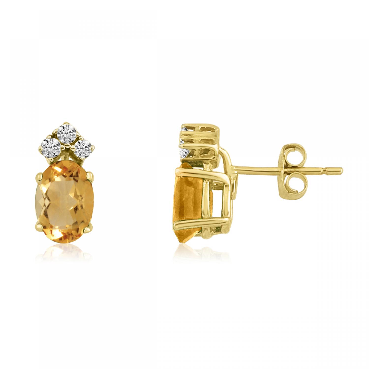 14K Yellow Gold Oval Citrine and Diamond Earrings