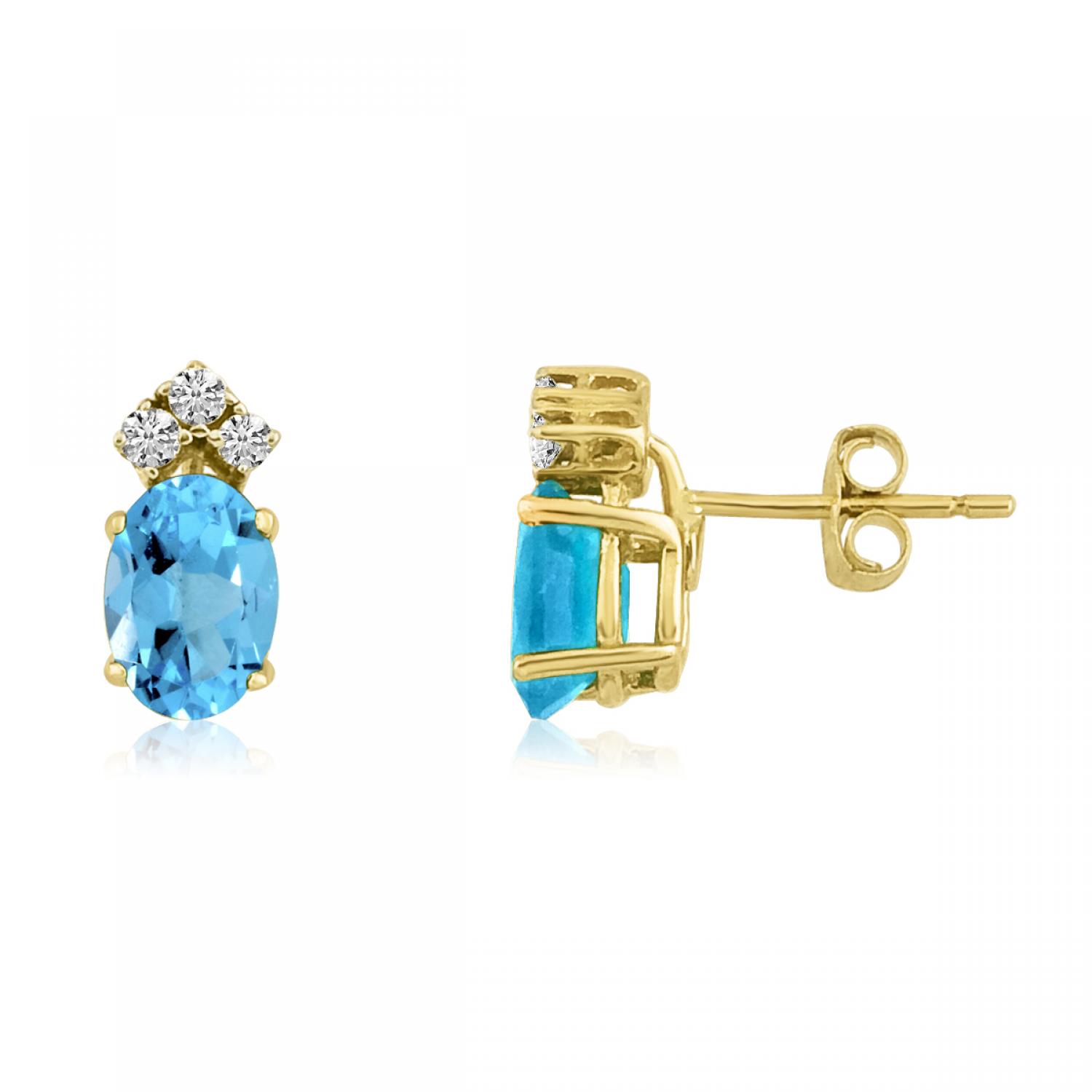 14K Yellow Gold Oval Blue Topaz and Diamond Earrings