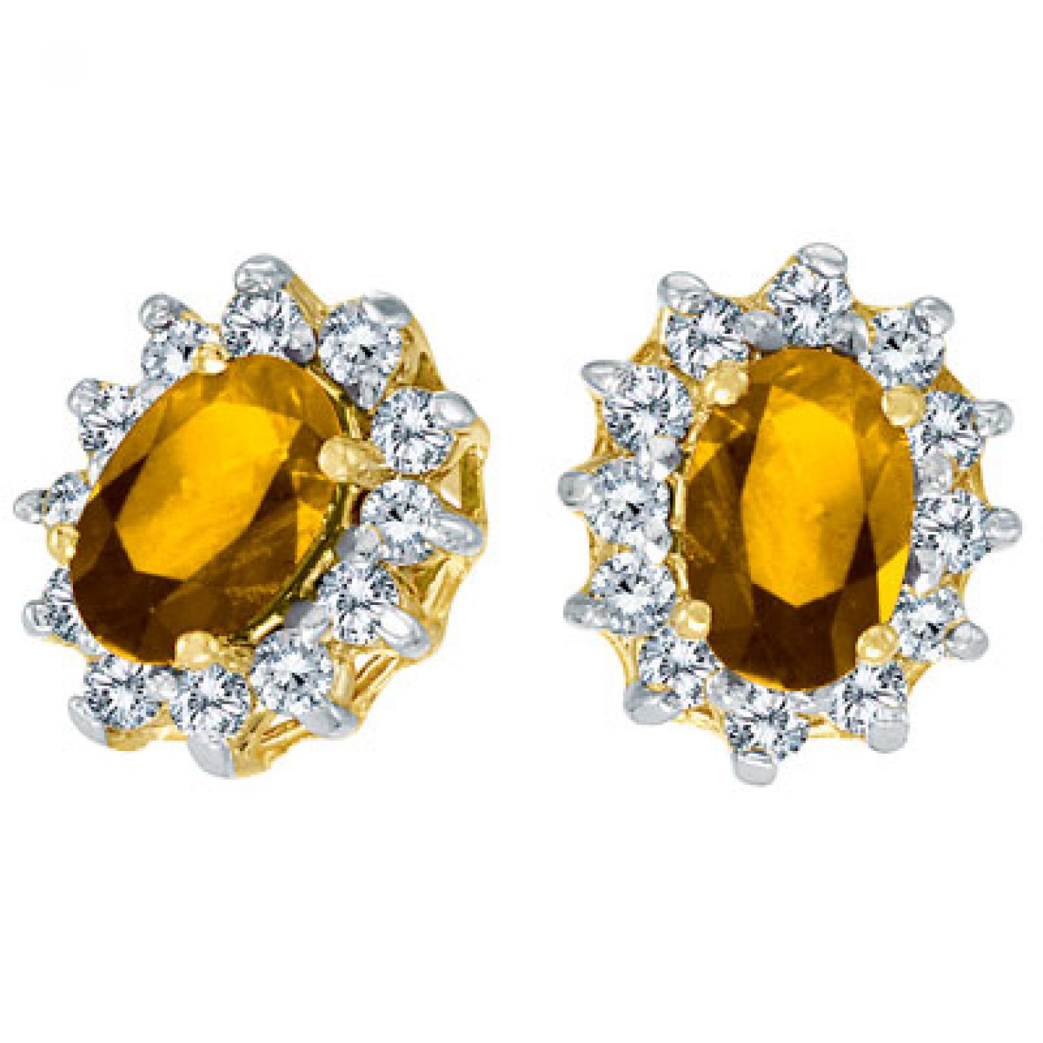 14K Yellow Gold Oval Citrine and Diamond Earrings