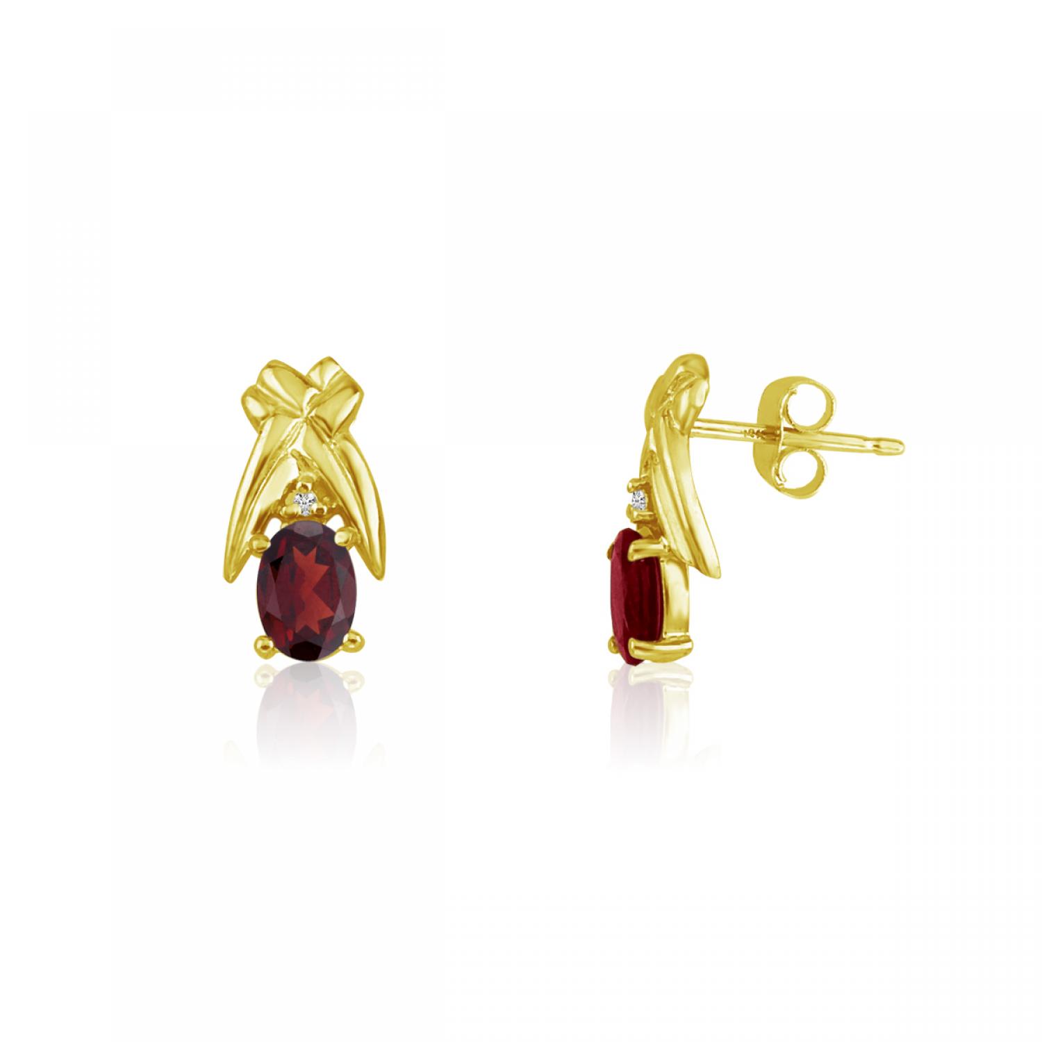 14K Yellow Gold Oval Garnet and Diamond Earrings