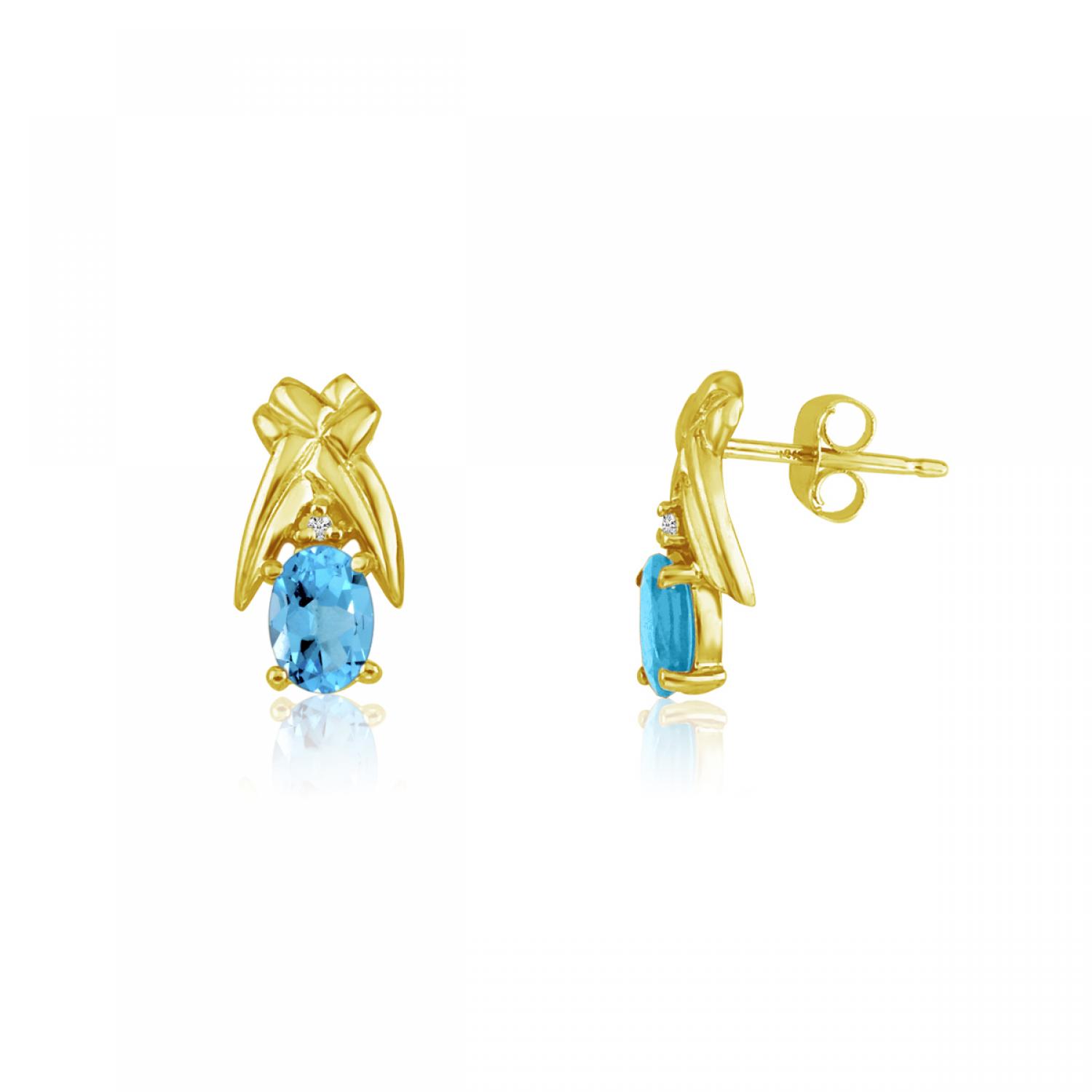 14K Yellow Gold Oval Blue Topaz and Diamond Earrings