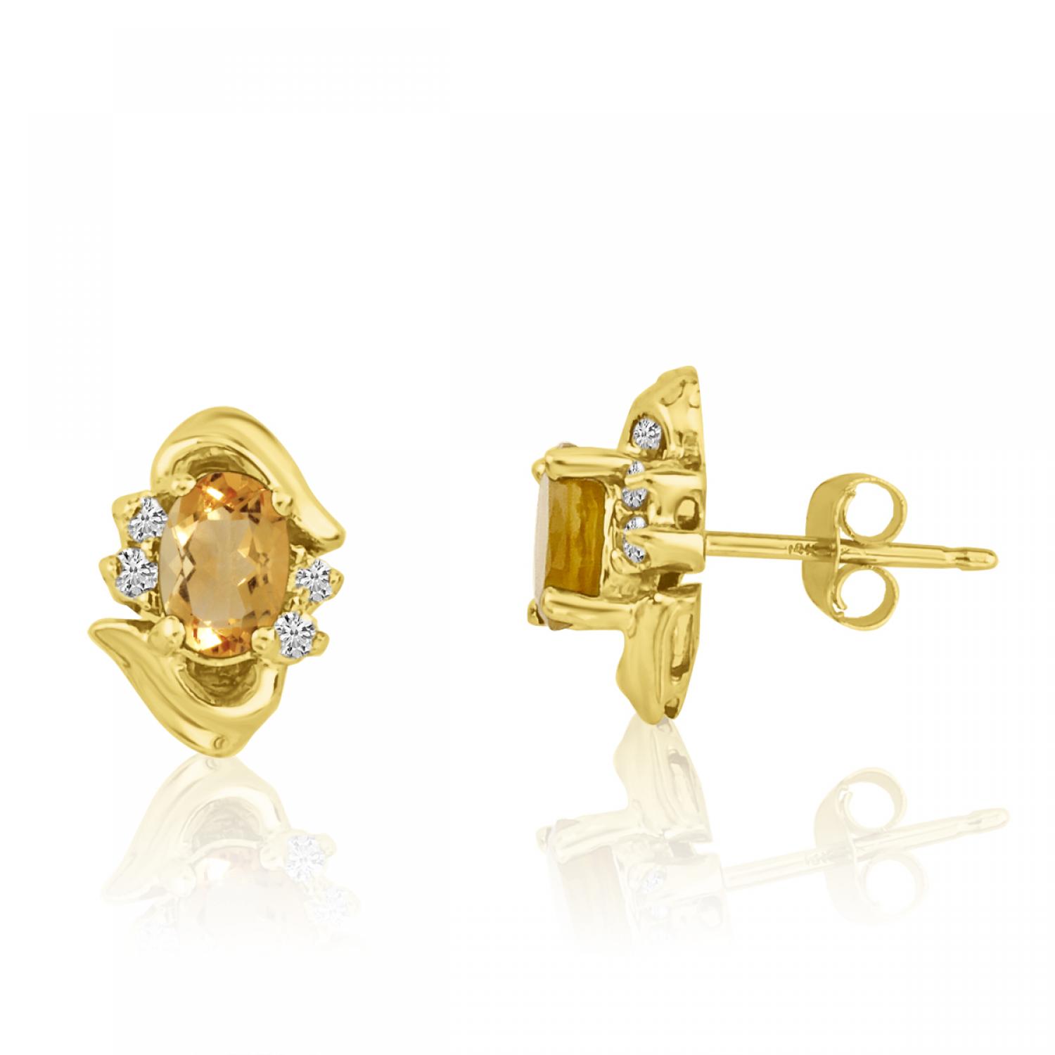 14K Yellow Gold Oval Citrine and Diamond Earrings