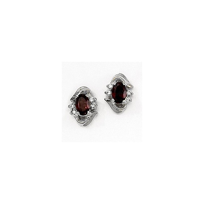 14K White Gold Oval Garnet and Diamond Earrings