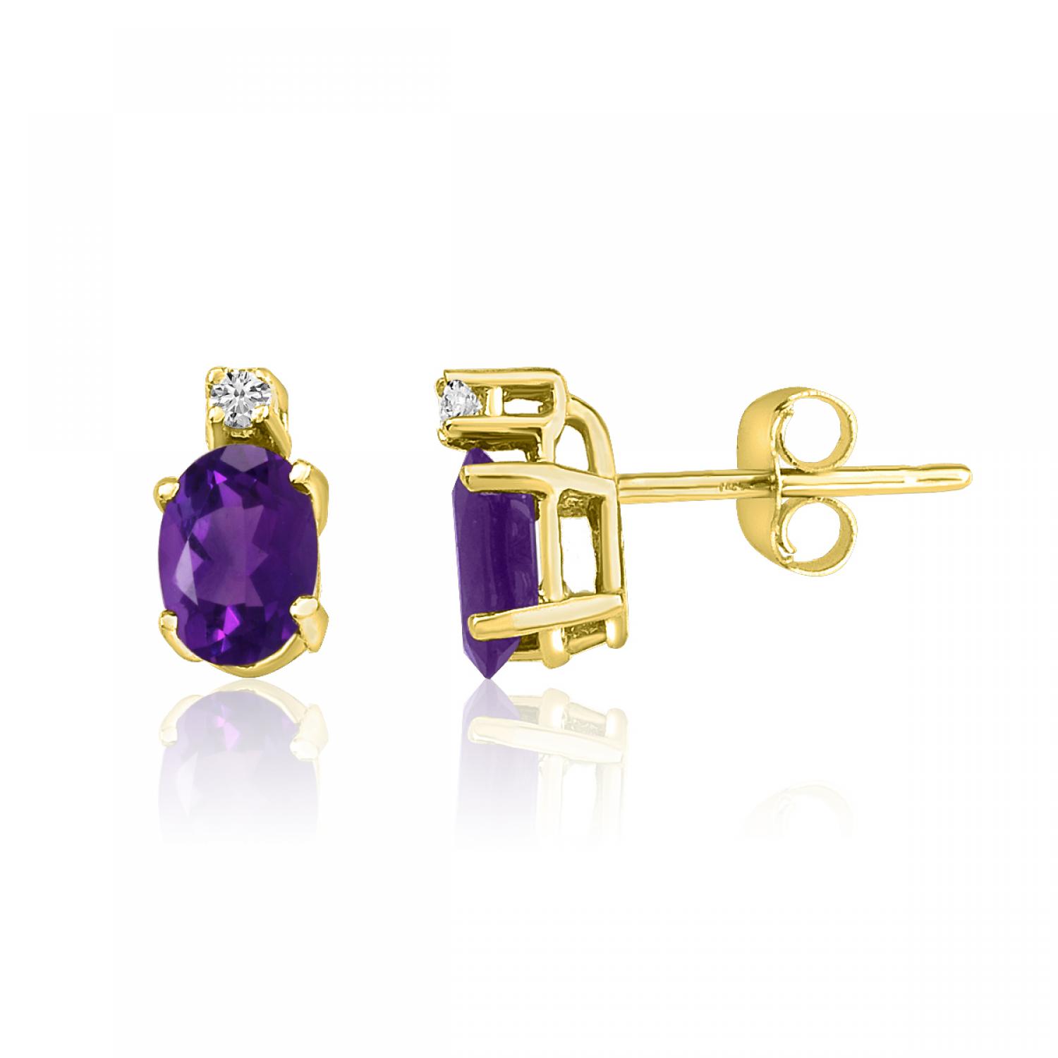 14K Yellow Gold Oval Amethyst & Diamond Earrings