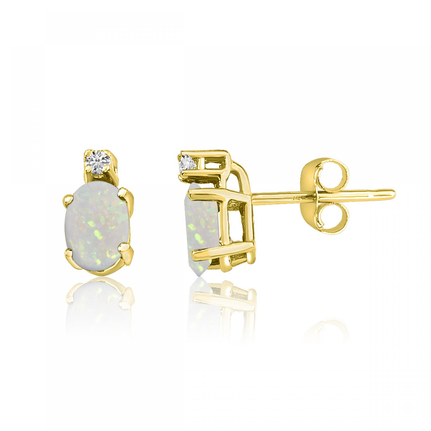 14K Yellow Gold Oval Opal & Diamond Earrings