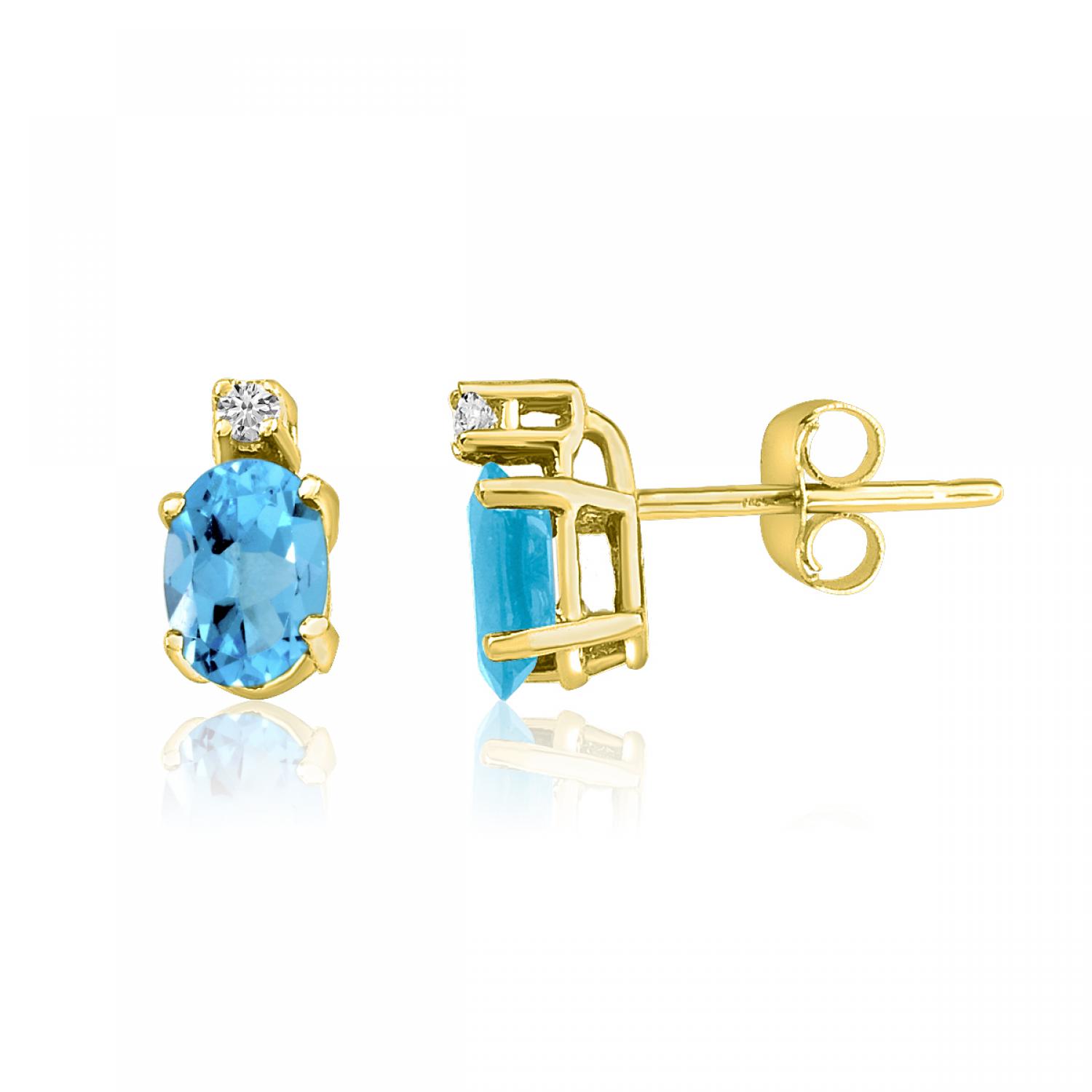 14K Yellow Gold Oval Blue Topaz & Diamond Earrings