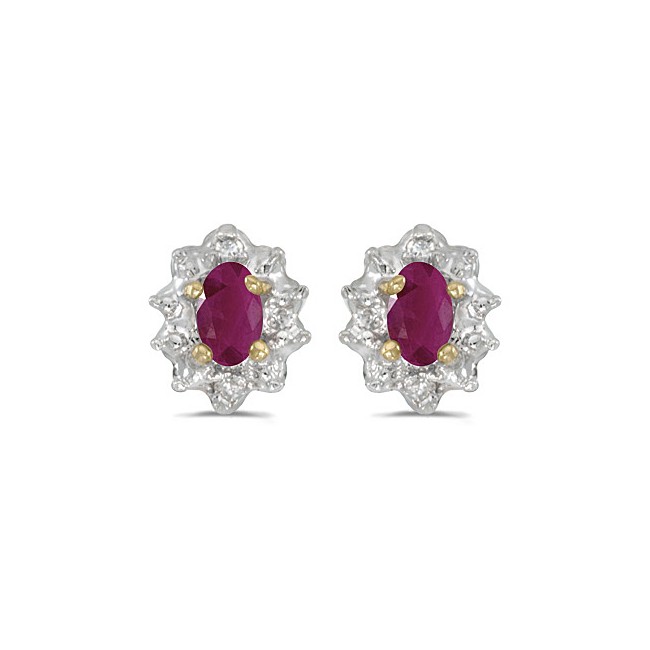 14k Yellow Gold Oval Ruby And Diamond Earrings