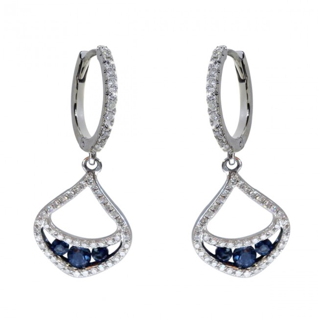 14K White Gold Precious Sapphire and Diamond Dangle Fashion Earrings