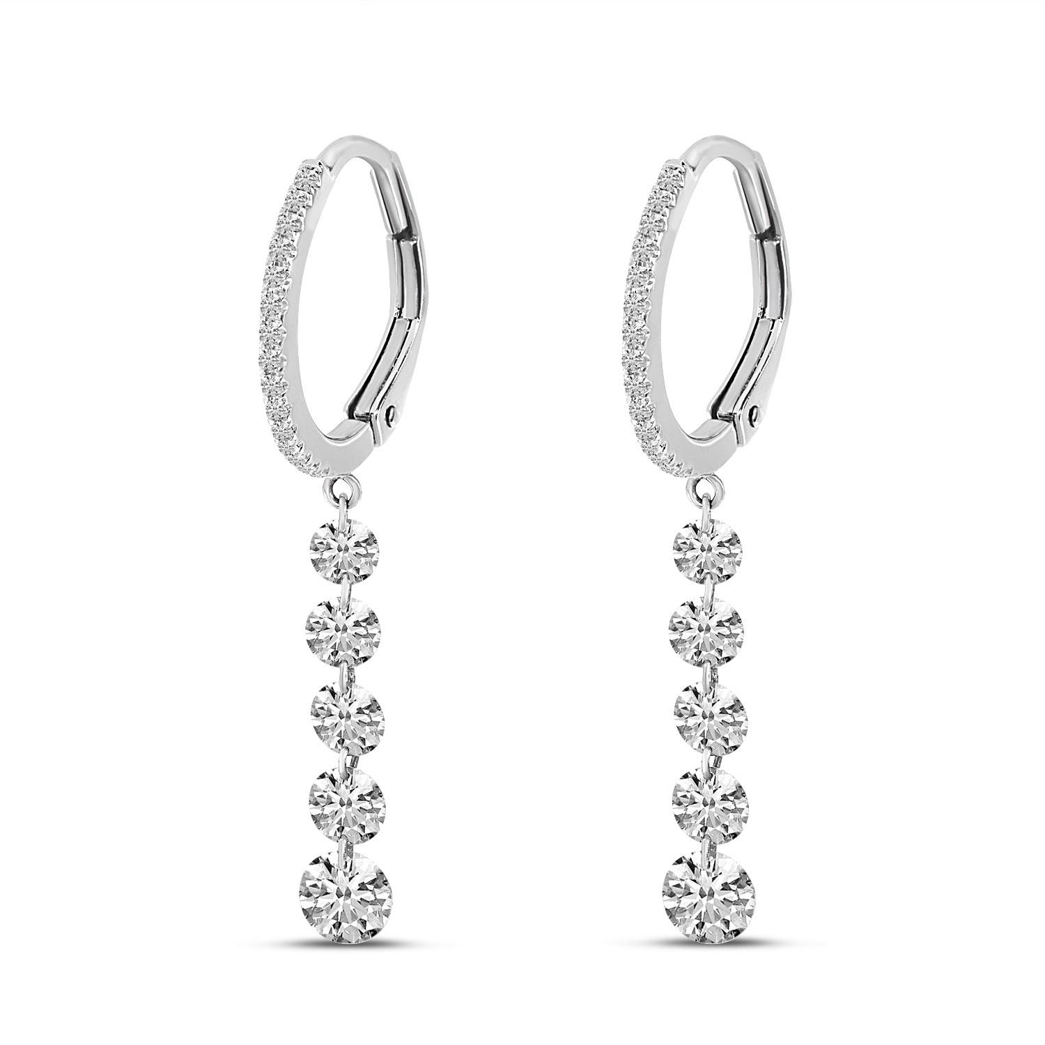 14K White Gold Five Pierced Dangling Dashing Diamonds Huggy Earring