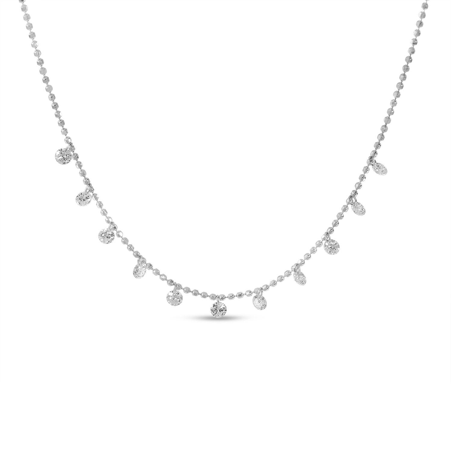 14K White Gold 11 Diamond .55 ct Dashing Diamond 18 inch Bead Chain Necklace