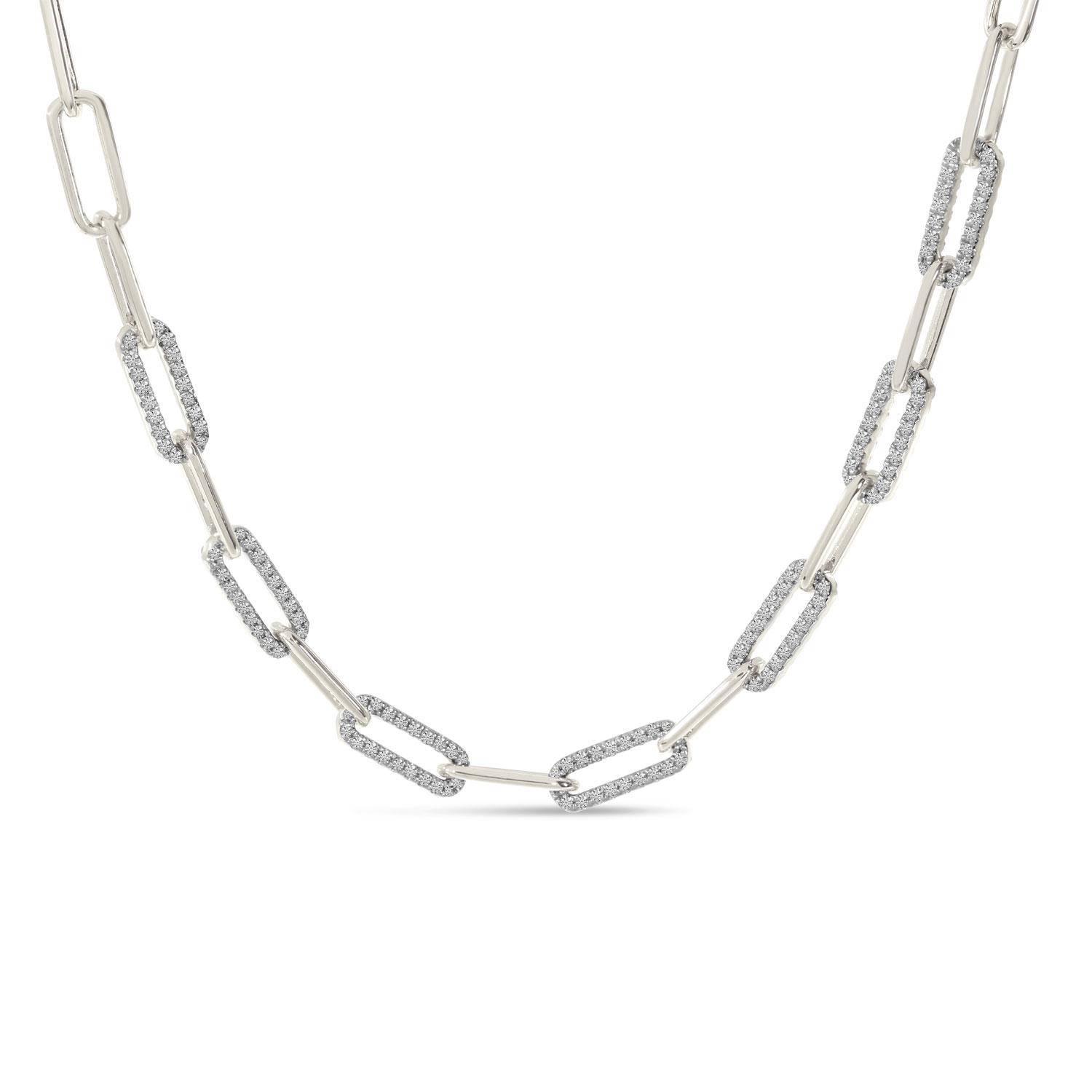 14K White Gold Alternating Diamond Link Paper Clip Necklace