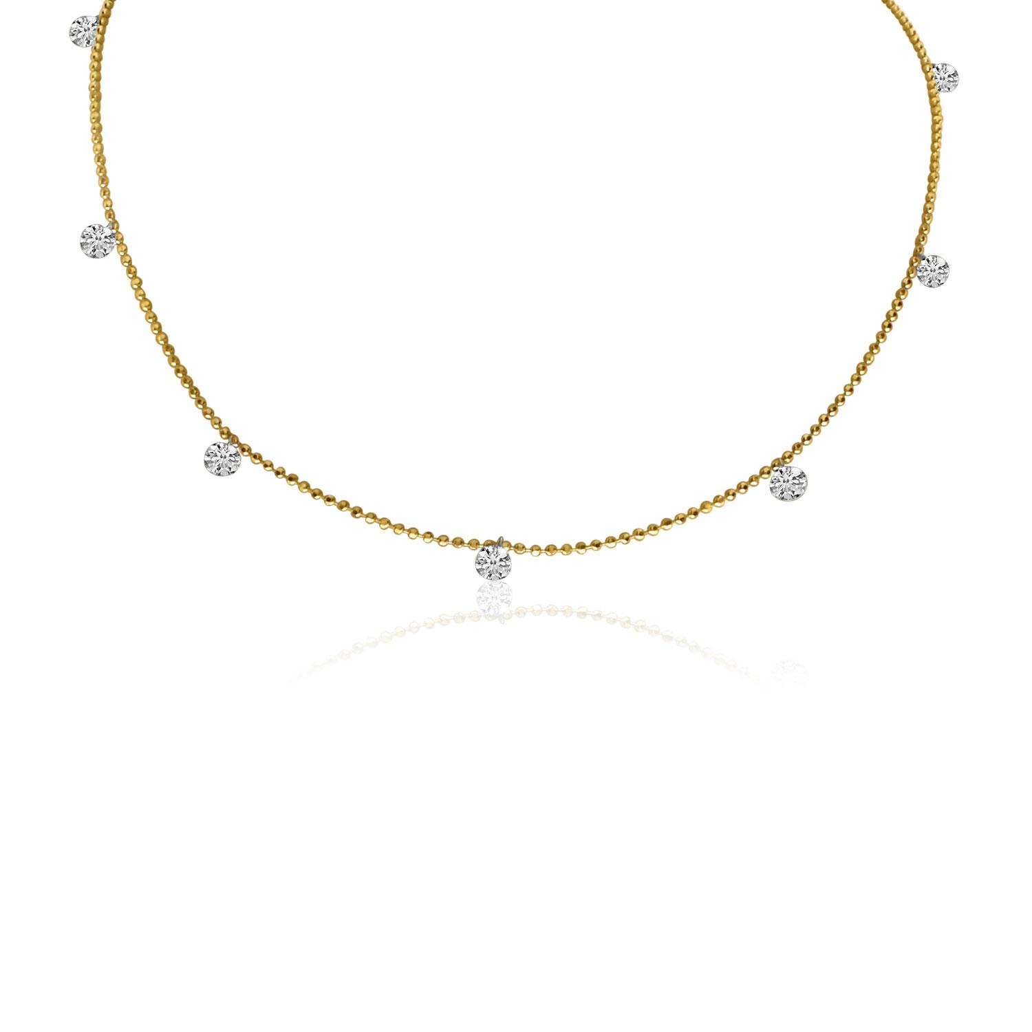 14K Yellow Gold 7 Diamond .70 ct Dashing Diamond 18 inch Bead Chain Necklace