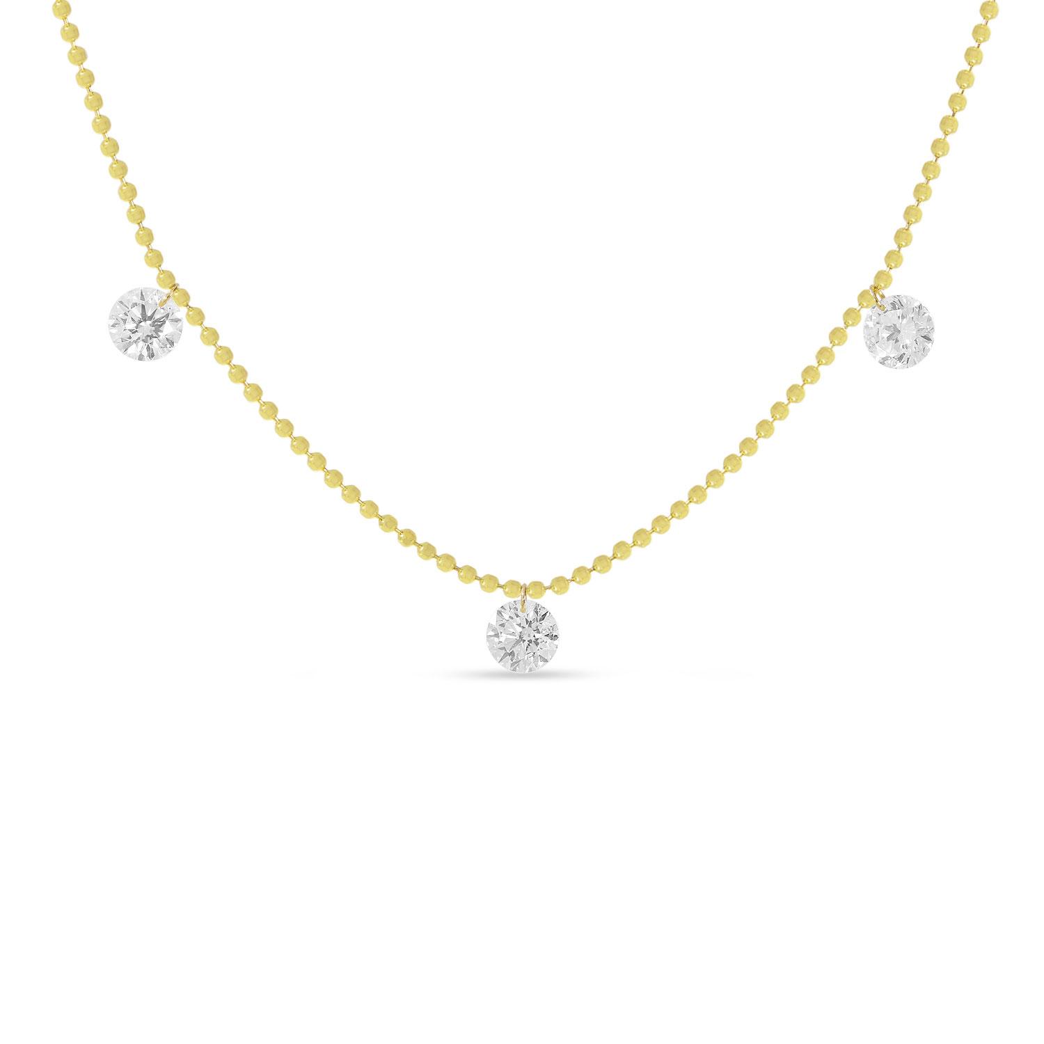 14K Yellow Gold 3 Diamond .75 ct Dashing Diamond 18 inch Bead Chain Necklace