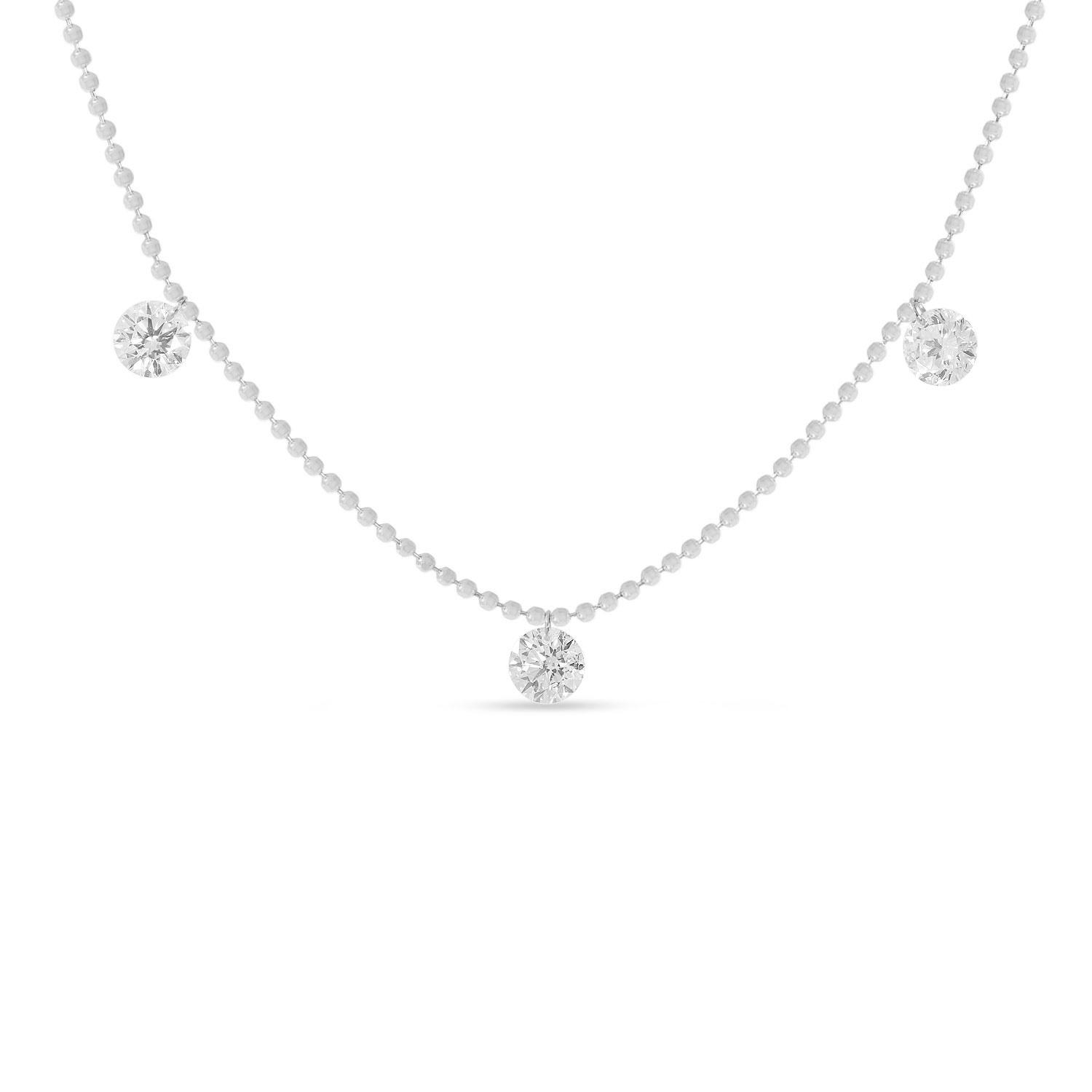 14K White Gold 3 Diamond .75 ct Dashing Diamond 18 inch Bead Chain Necklace