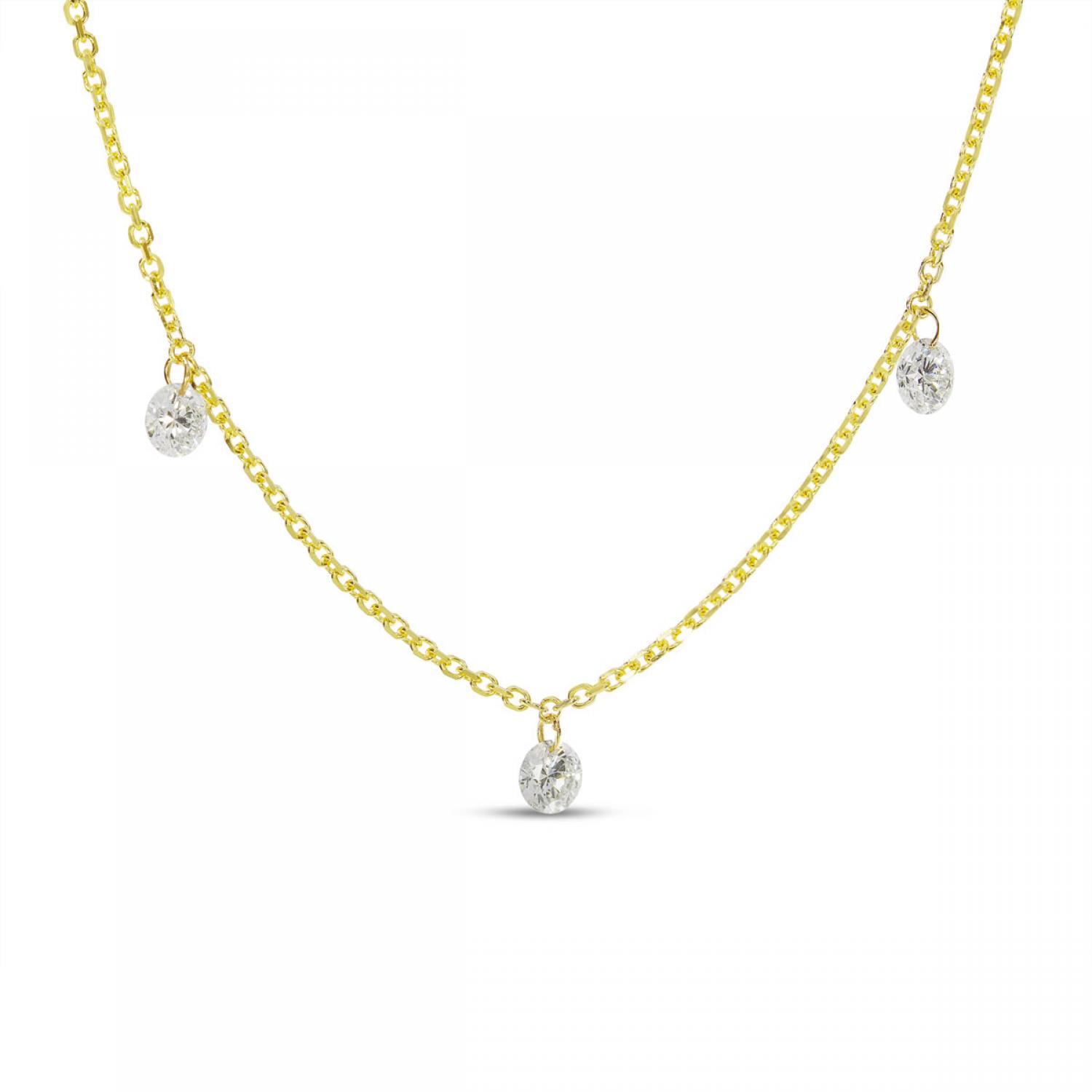 14K Yellow Gold 3 Diamond .45 ct Dashing Diamond 18 inch Cable Necklace