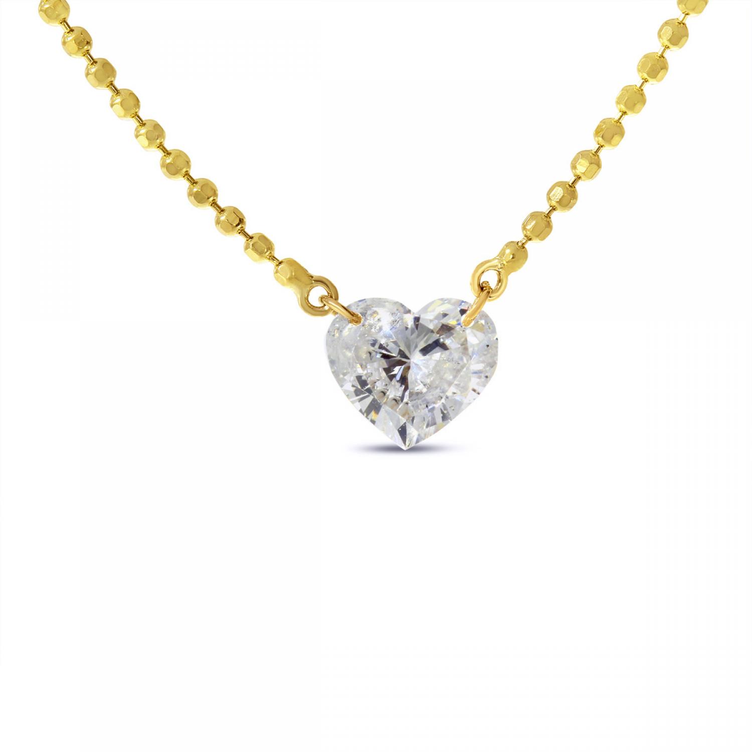 14K Yellow Gold .48 ct Single Heart Dashing Diamond 18 inch Bead Necklace