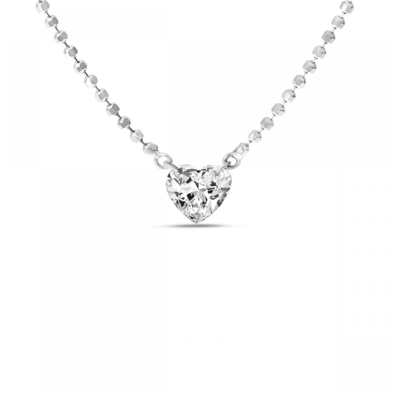 14K White Gold .34 ct Single Heart Dashing Diamond 18 inch Bead Necklace