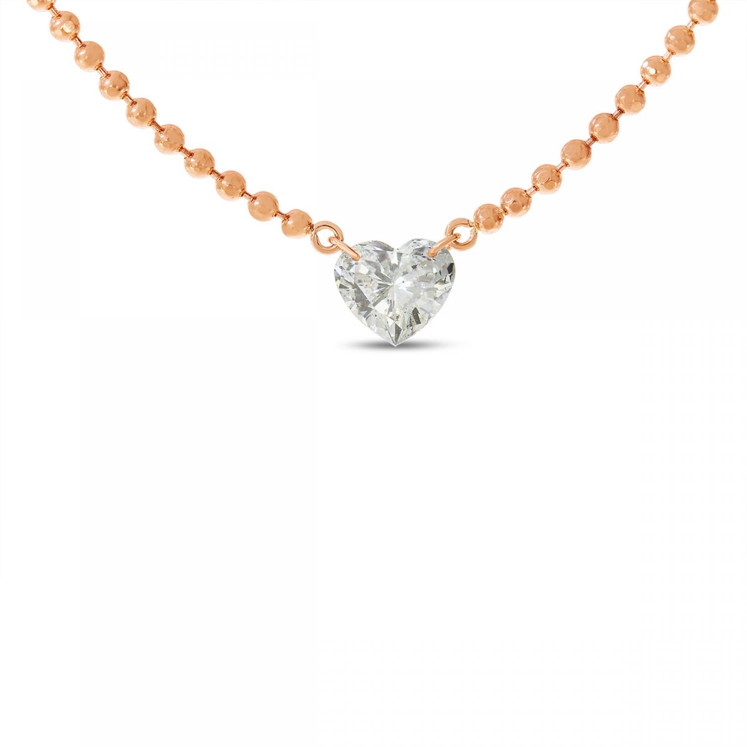 14K Rose Gold .35 ct Single Heart Dashing Diamond 18 inch Bead Necklace