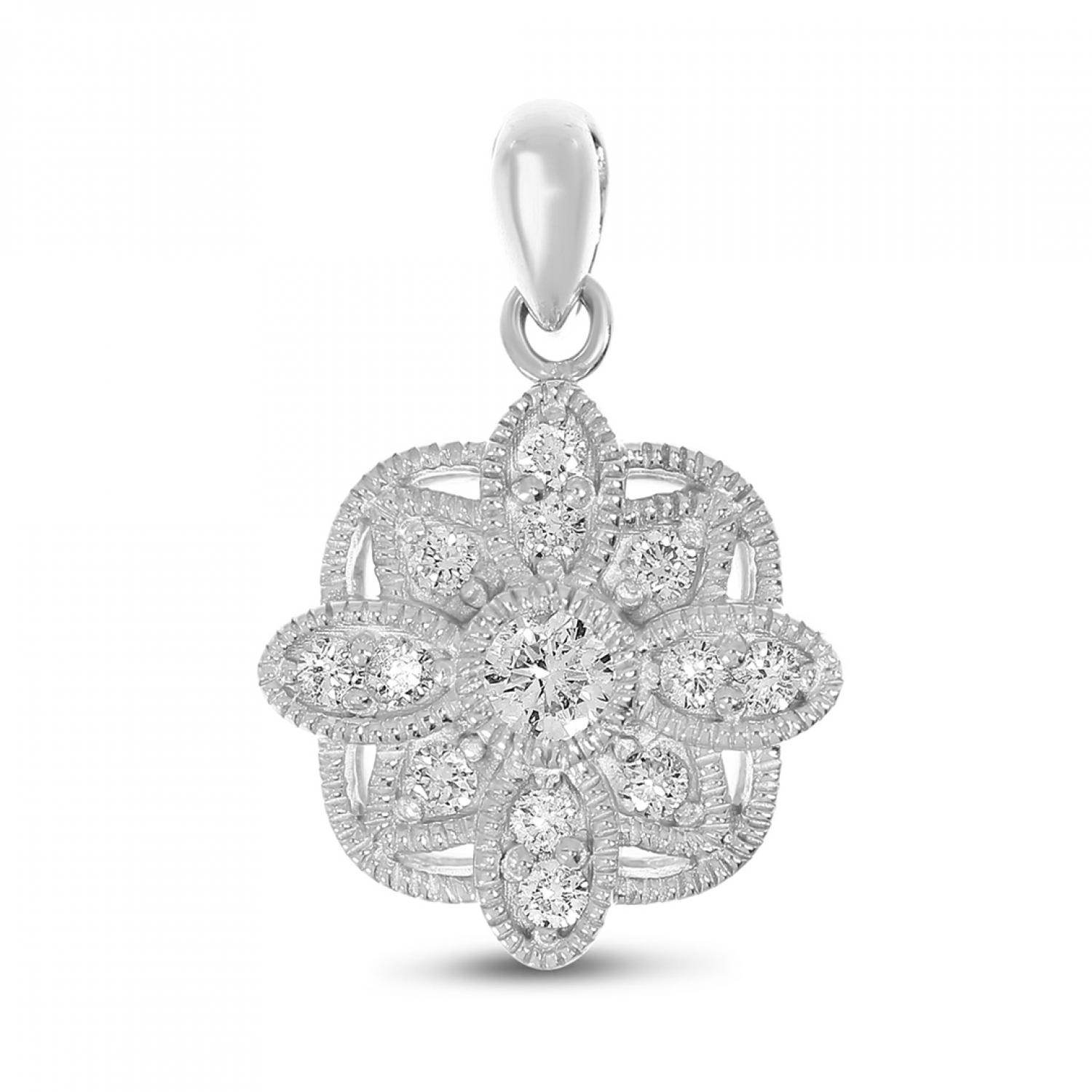 14K White Gold Diamond Millgrain Floral Pendant