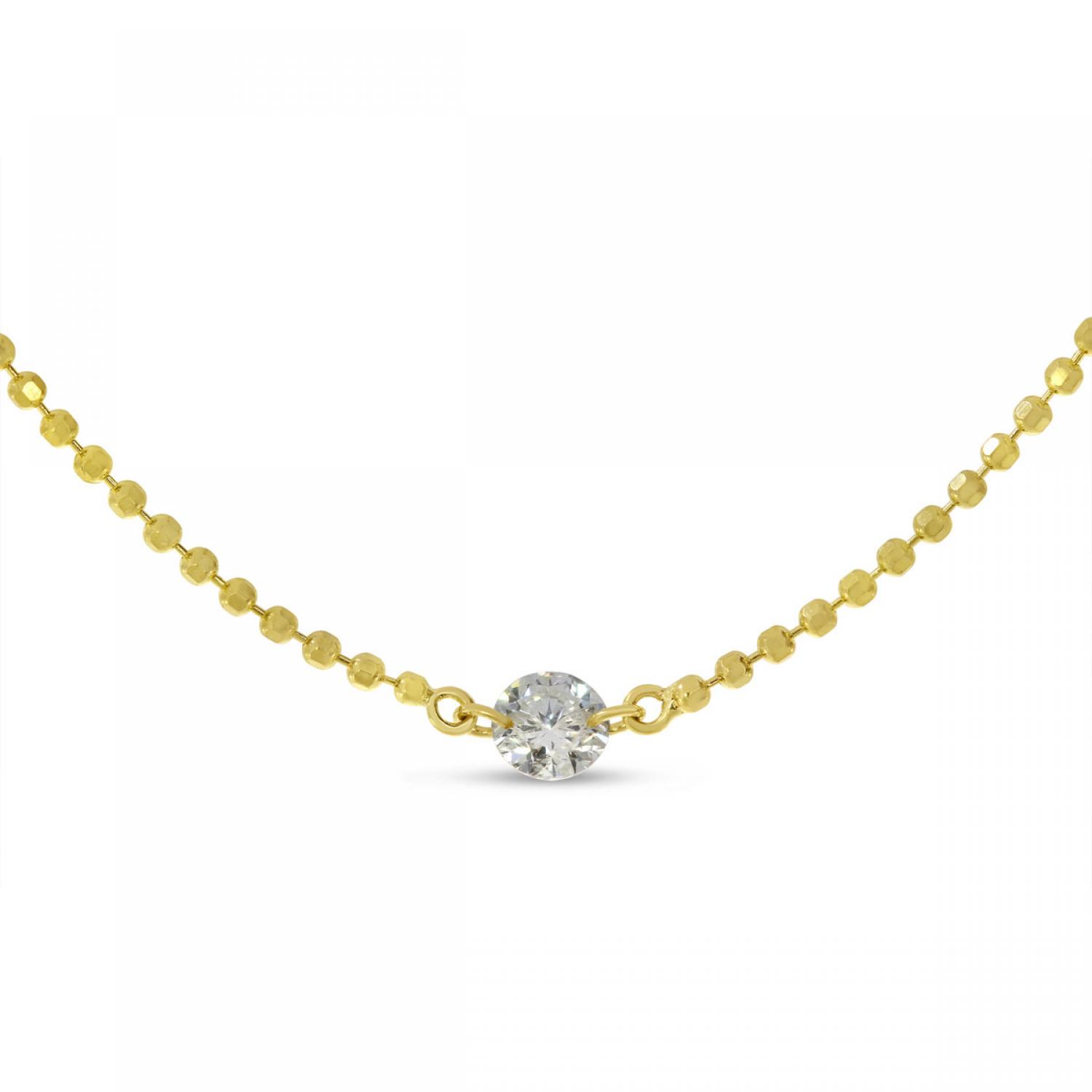 14K Yellow Gold Single .10 ct Double Pierced Dashing Diamond 18 inch Bead Chain Necklace