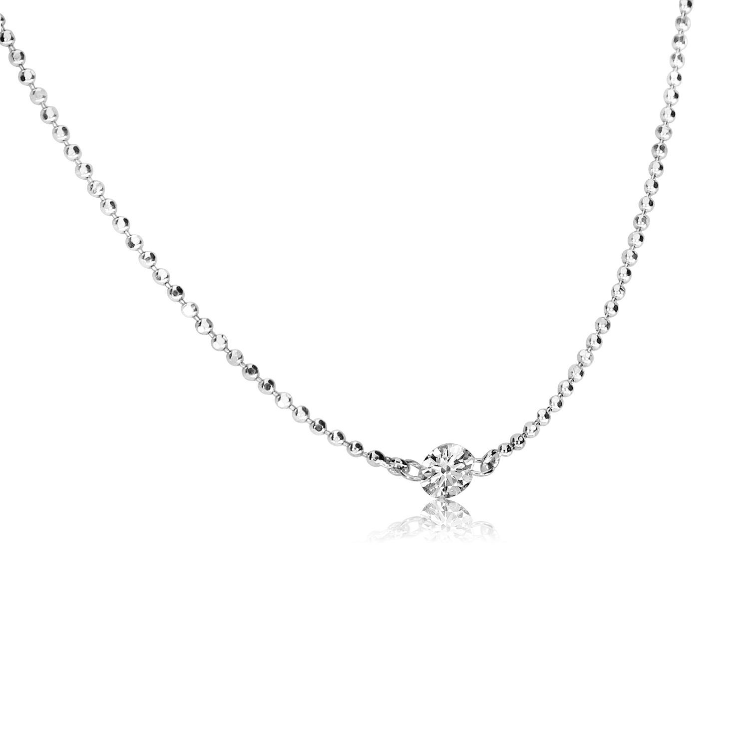 14K White Gold Single .10 ct Double Pierced Dashing Diamond 18 inch Bead Chain Necklace