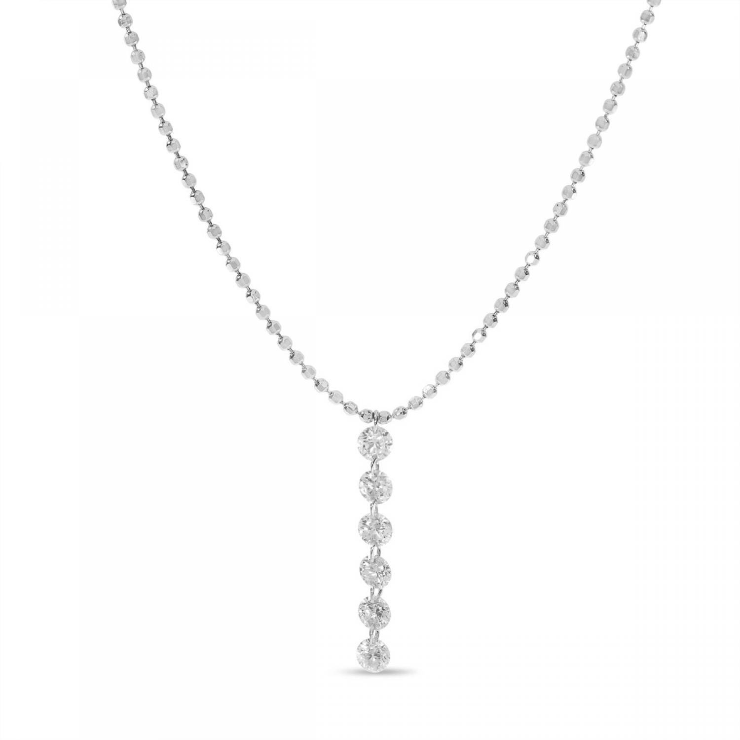 14K White Gold Dashing Diamond 6 Pierced Diamonds Bead Chain Necklace