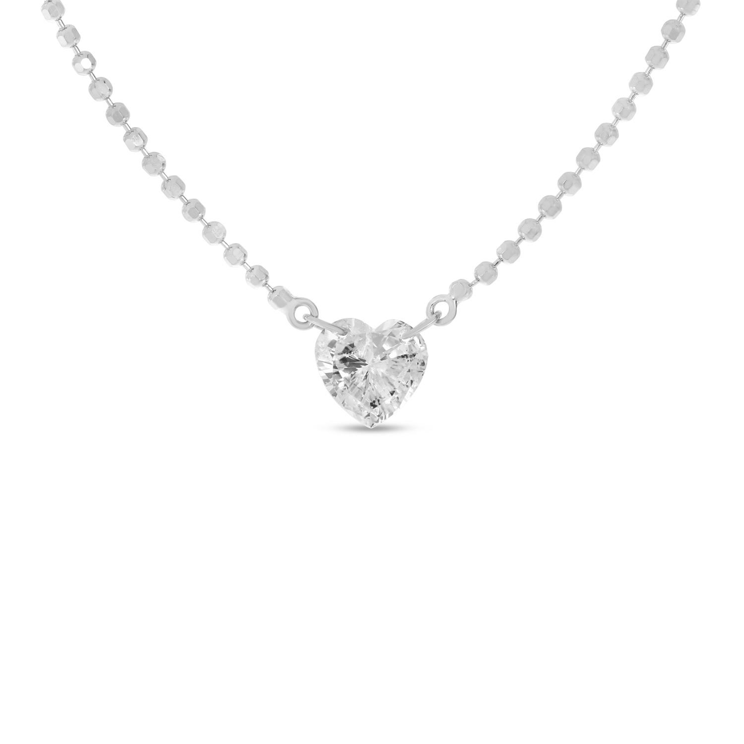 14K White Gold .30 ct Heart Dashing Diamond 18 in Bead Chain Necklace