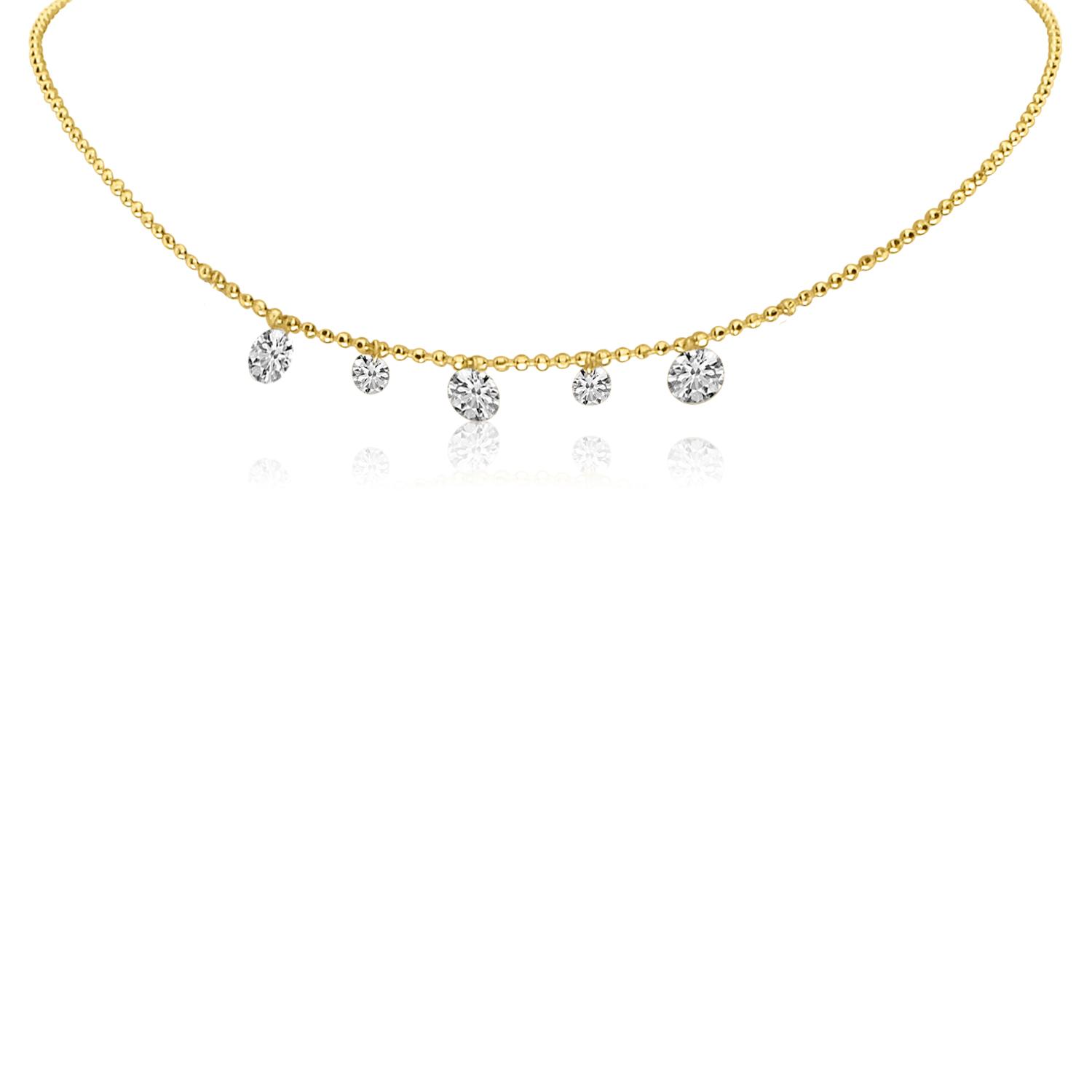 14K Yellow Gold Five Diamond 1.05 ct Dashing Diamond 18 inch Bead Chain Necklace