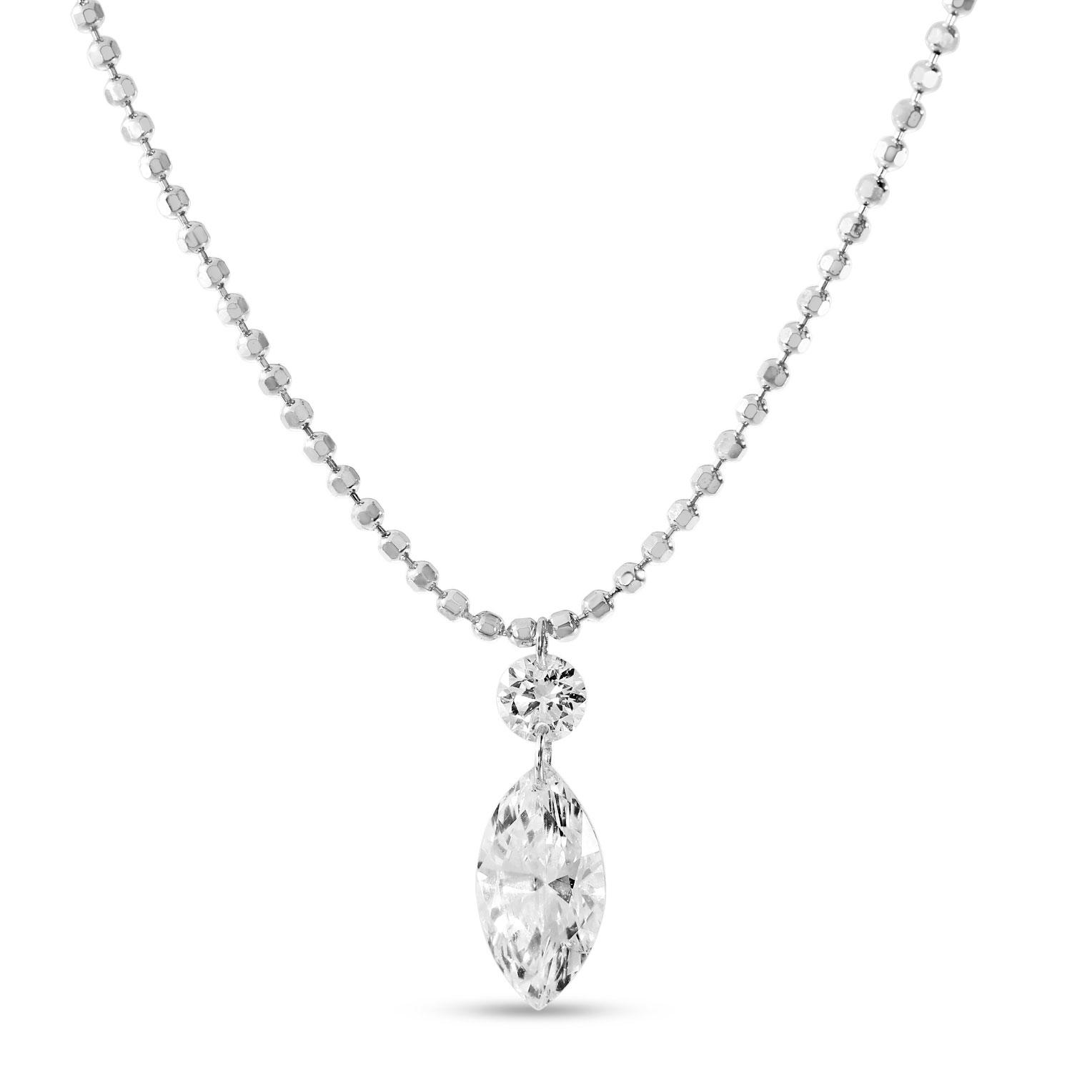 14K White Gold Dashing Diamond Fancy Round and Marquise Bead Chain Necklace