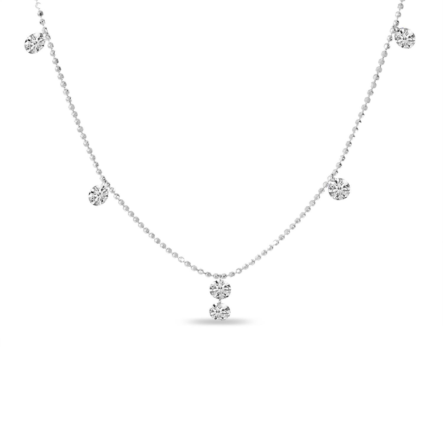 14K White Gold 6 Diamond .90 ct Dashing Diamond 18 inch Bead Chain Necklace