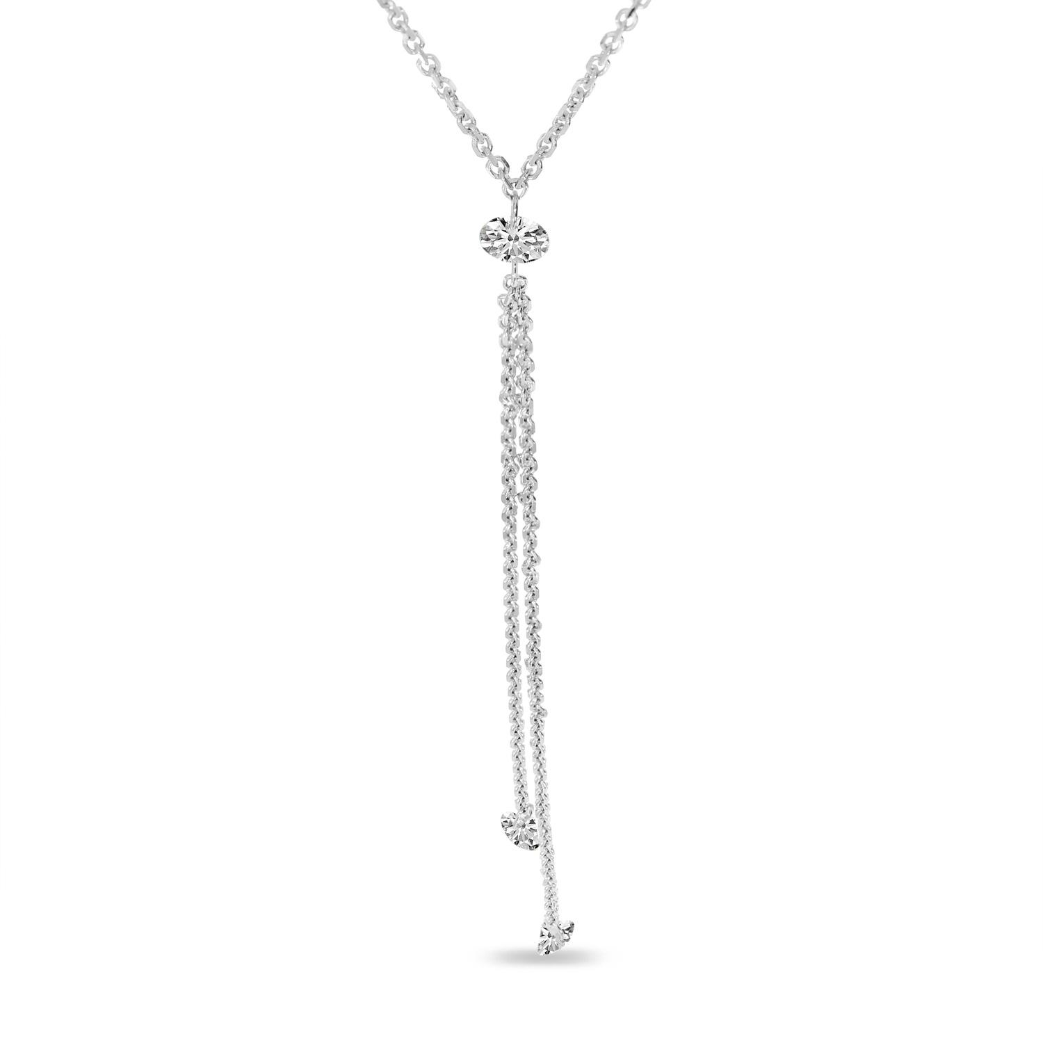 14K White Gold .31 ct Double Lariat Dangle Diamond Dashing 18 in Cable Chain Necklace