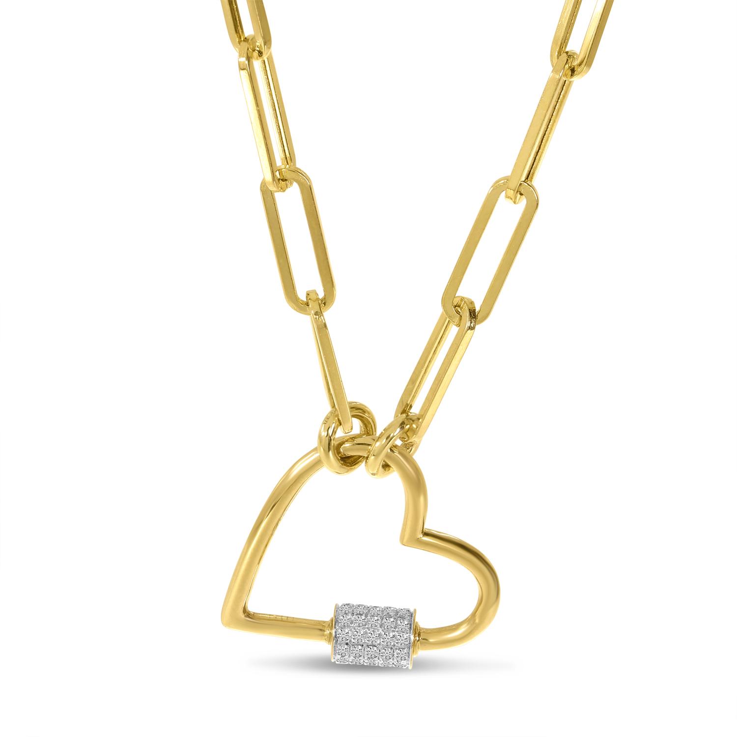 14K Yellow Gold Diamond Heart Lock Paperclip Chain