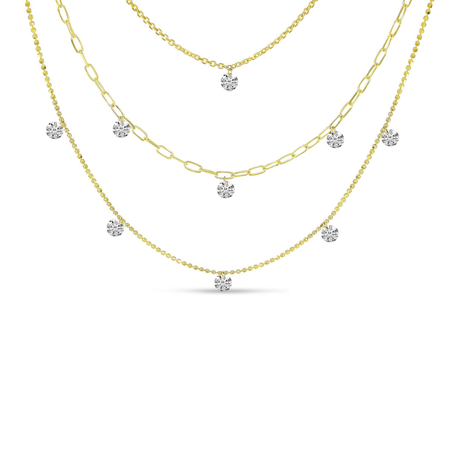 14K Yellow Gold Triple Strand Dashing Diamonds Multi-Chain Necklace