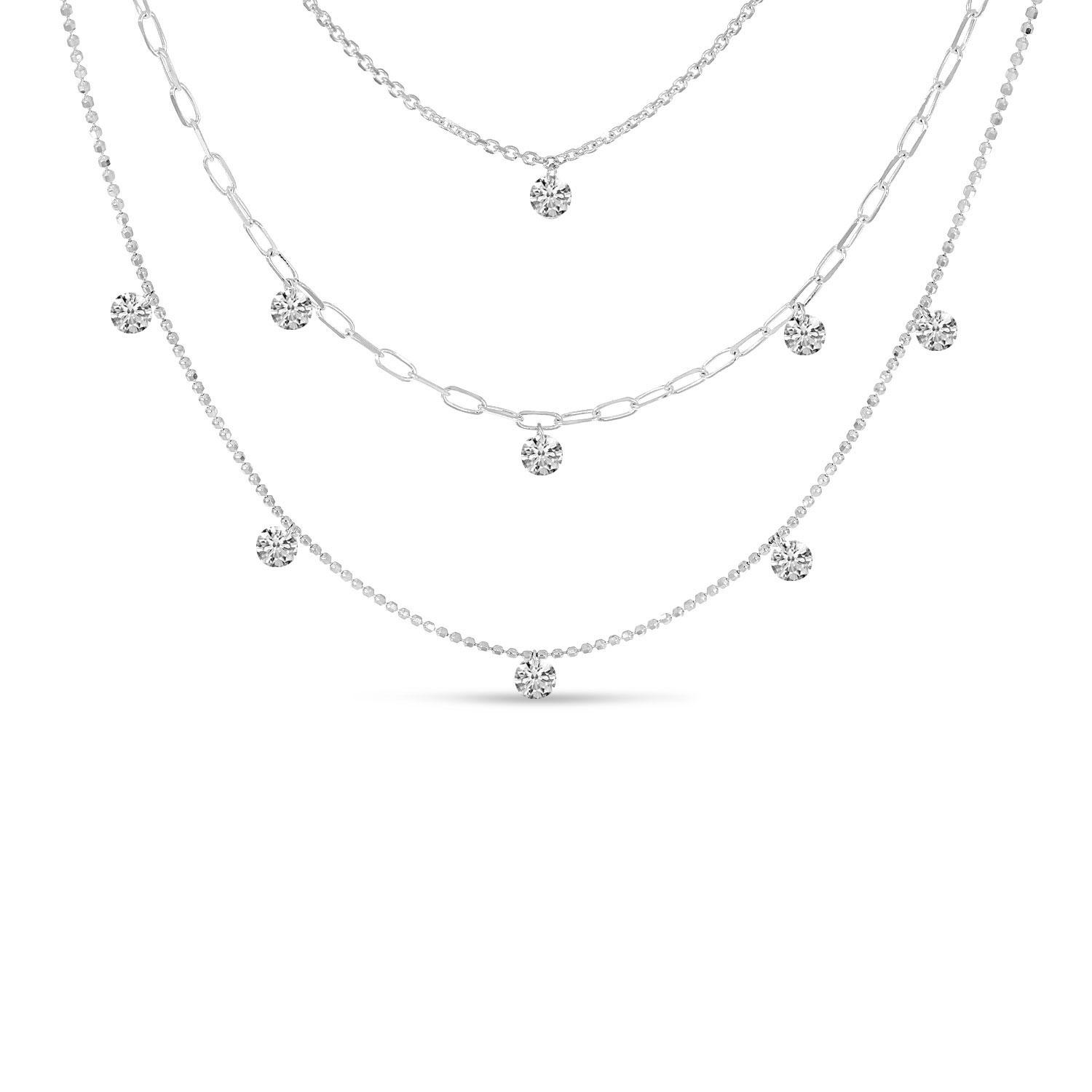 14K White Gold Triple Strand Dashing Diamonds Multi-Chain Necklace