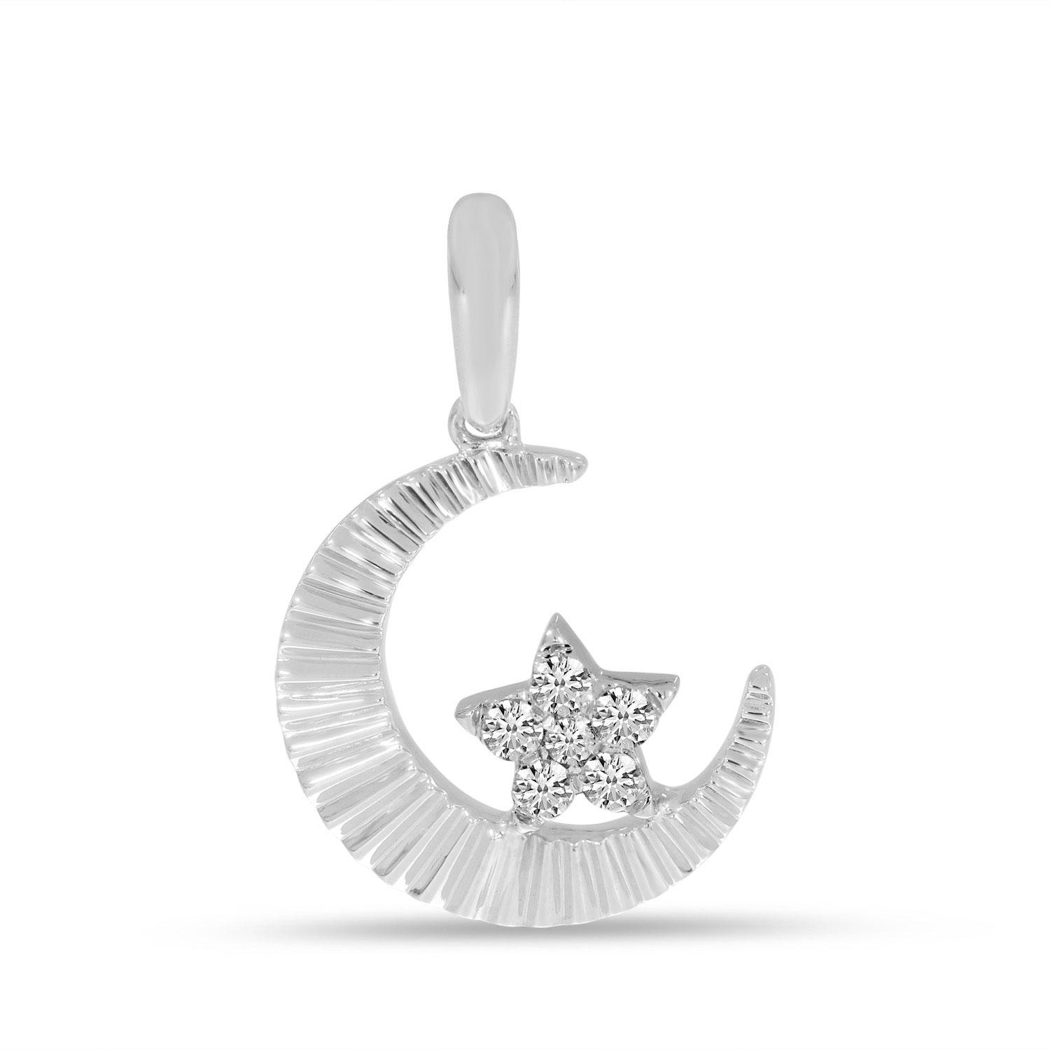 14K White Gold Textured Moon & Diamond Star Pendant