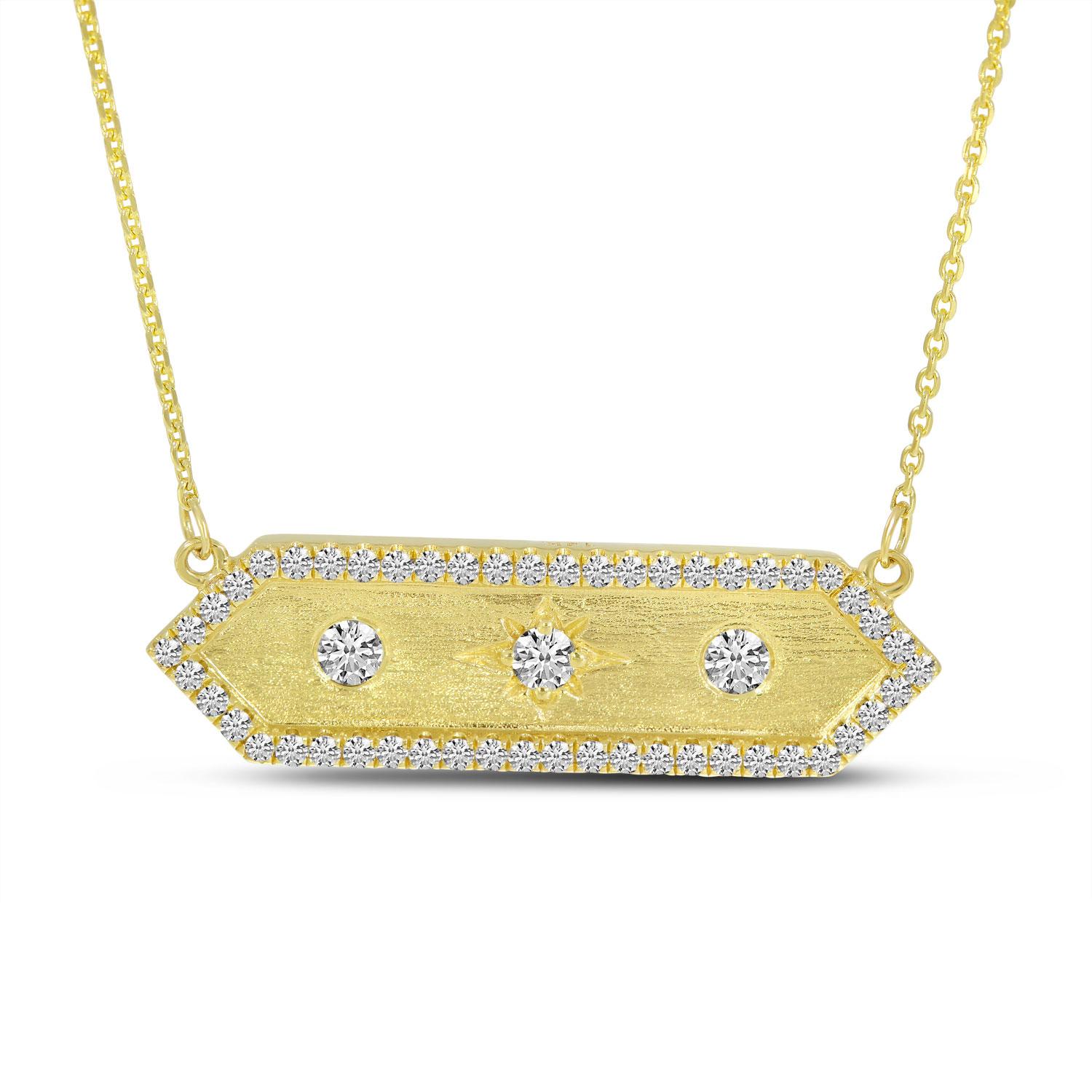 14K Yellow Gold Diamond Halo Brushed Hexagon Bar Pendant