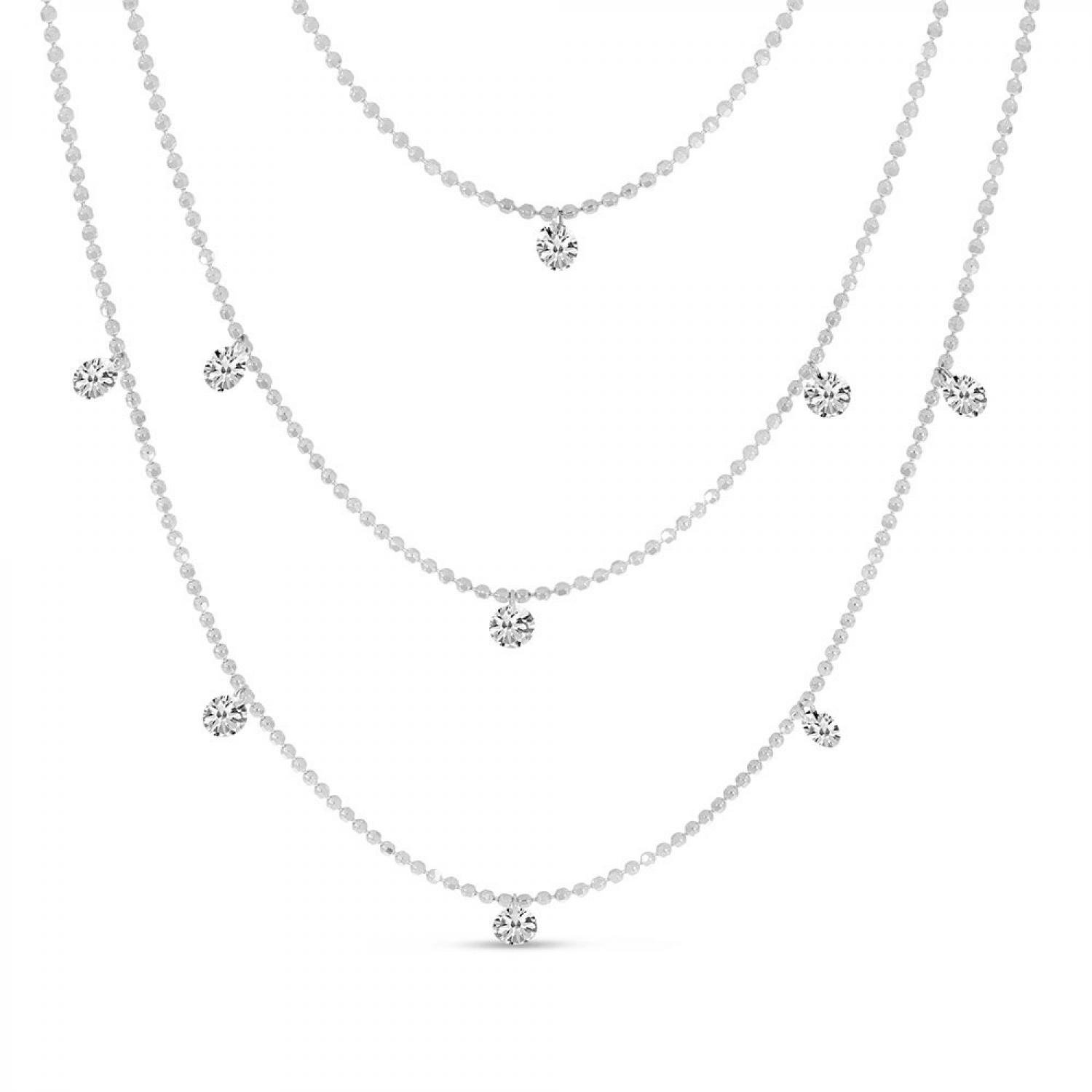 14K White Gold Triple Chain Dashing Diamonds Necklace