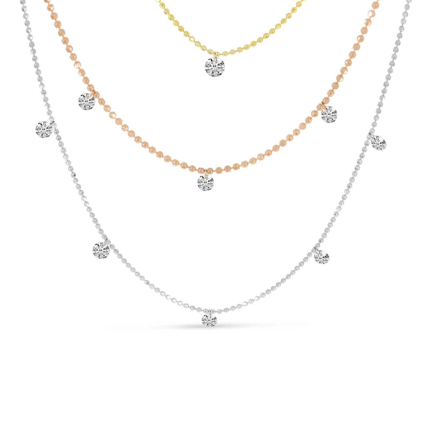 14K Tri Color Gold Triple Chain Dashing Diamonds Necklace