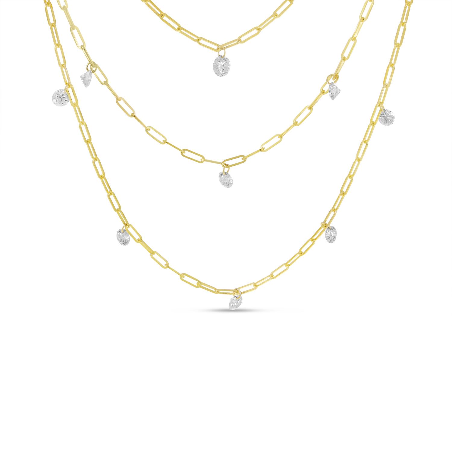 14K Yellow Gold Dashing Diamonds Triple Paperclip Chain Necklace