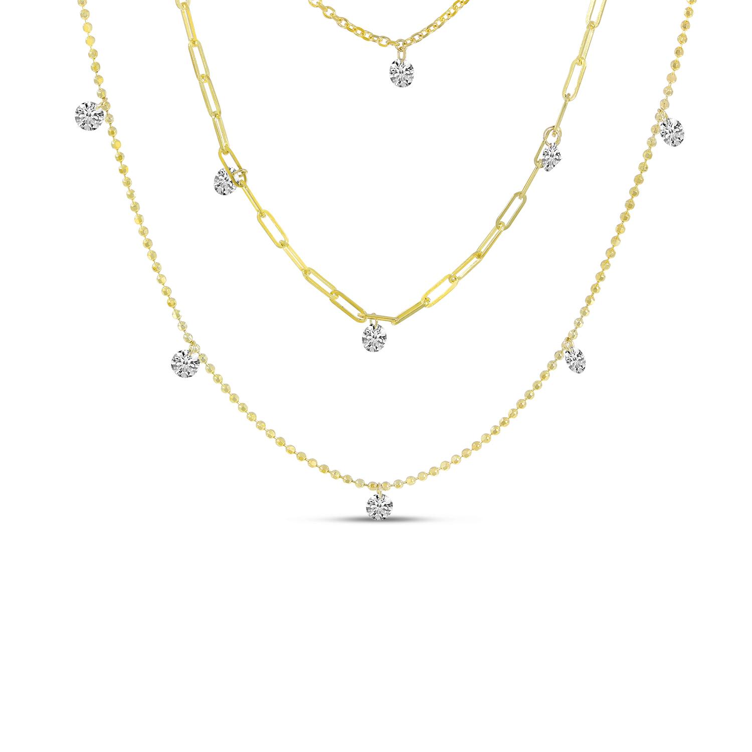 14K Yellow Gold Triple Chain Dashing Diamonds Necklace