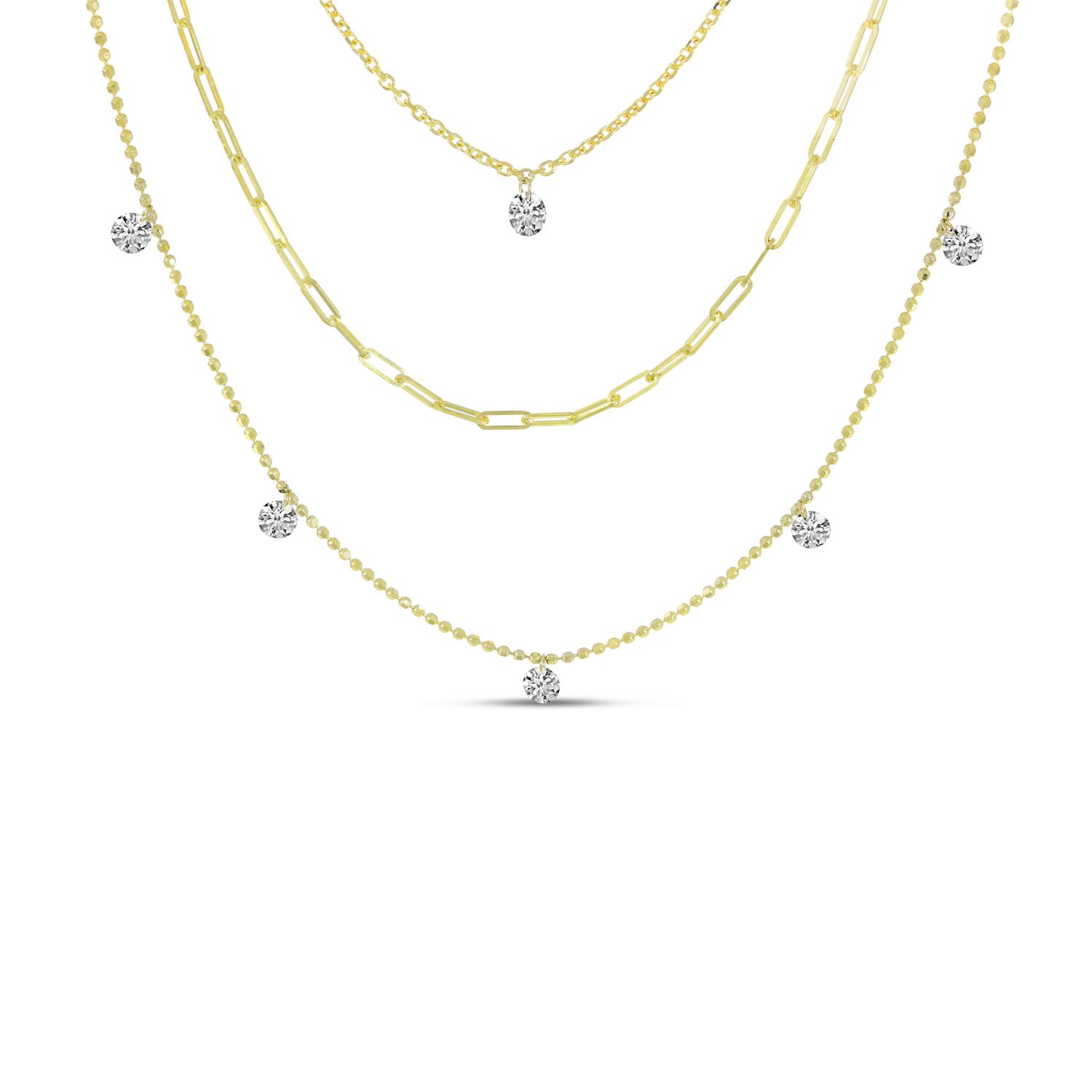 14K Yellow Gold Triple Chain Dashing Diamonds Necklace