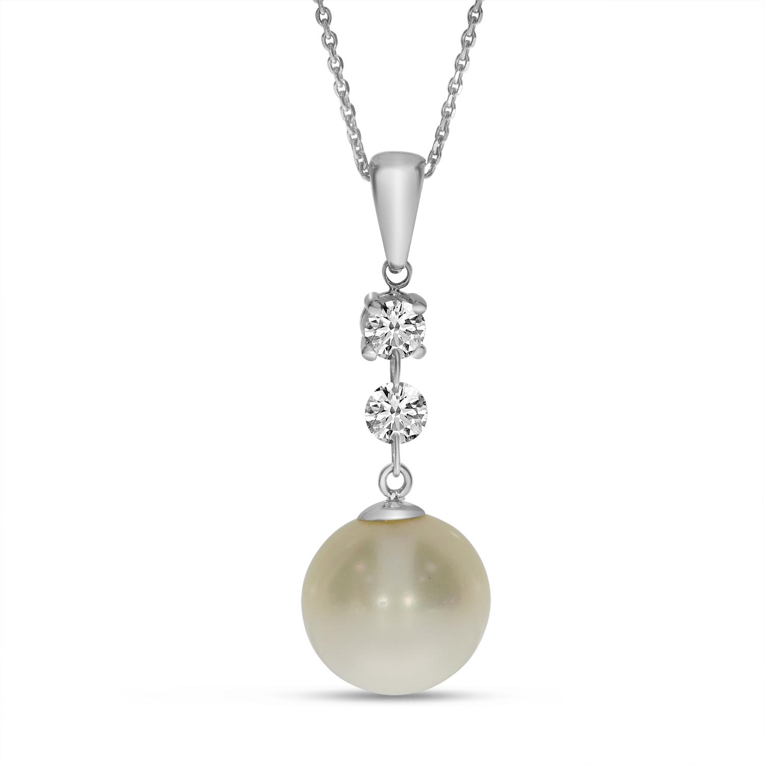 14K White Gold Dashing Diamonds 3-Stone Drop Pearl Pendant