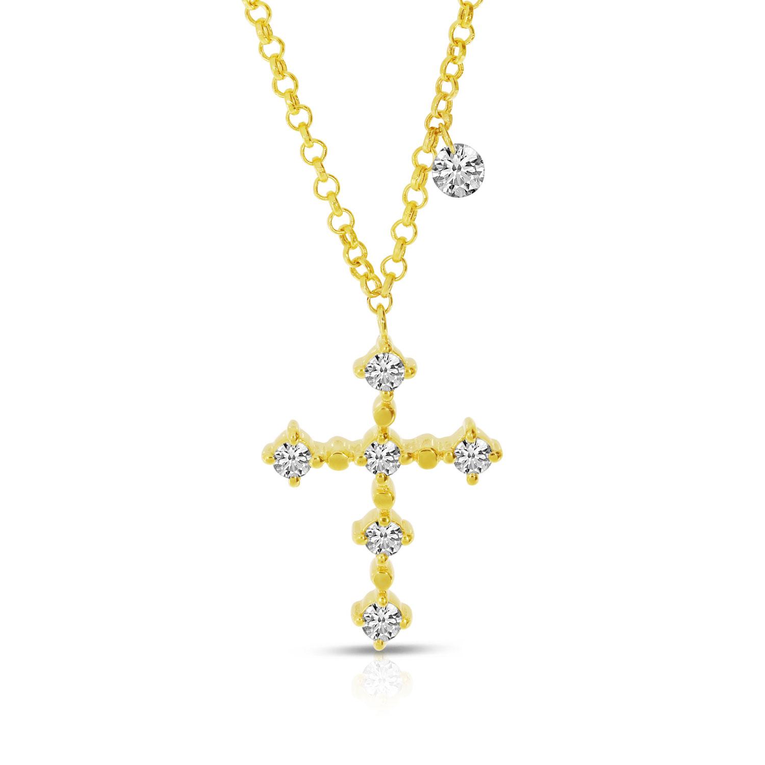 14K Yellow Gold Dashing Diamond Cross 18 inch Rolo Chain Necklace