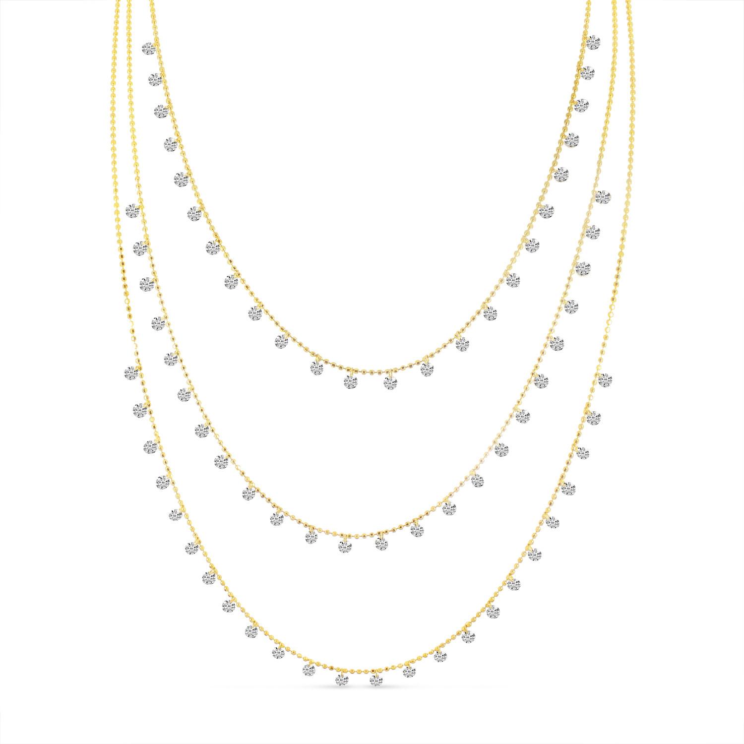 14K Yellow Gold Triple Chain Pierced Diamonds Dashing Diamond Necklace