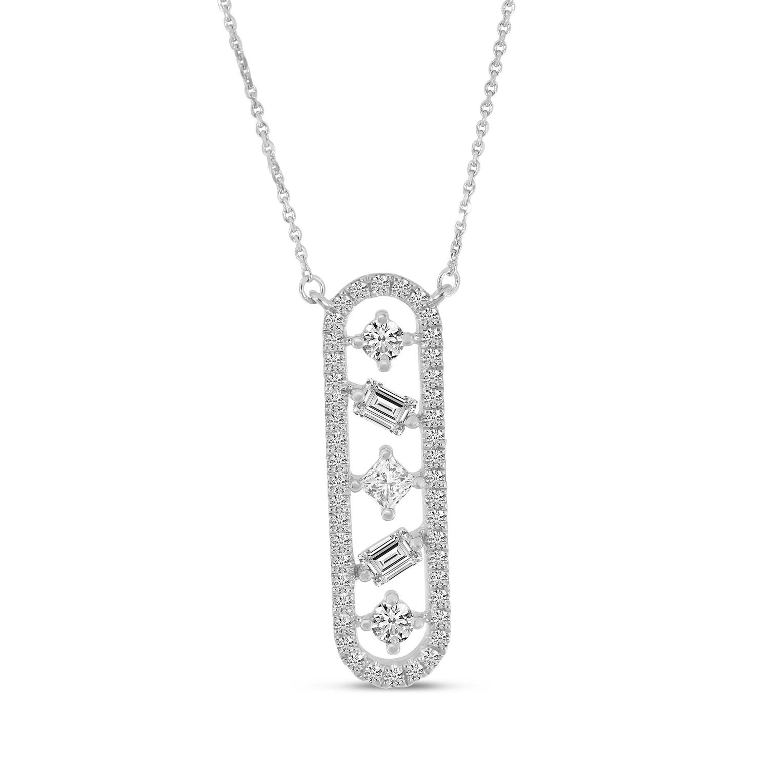 14K White Gold Baguette and Princess Diamond Bar Fashion Necklace