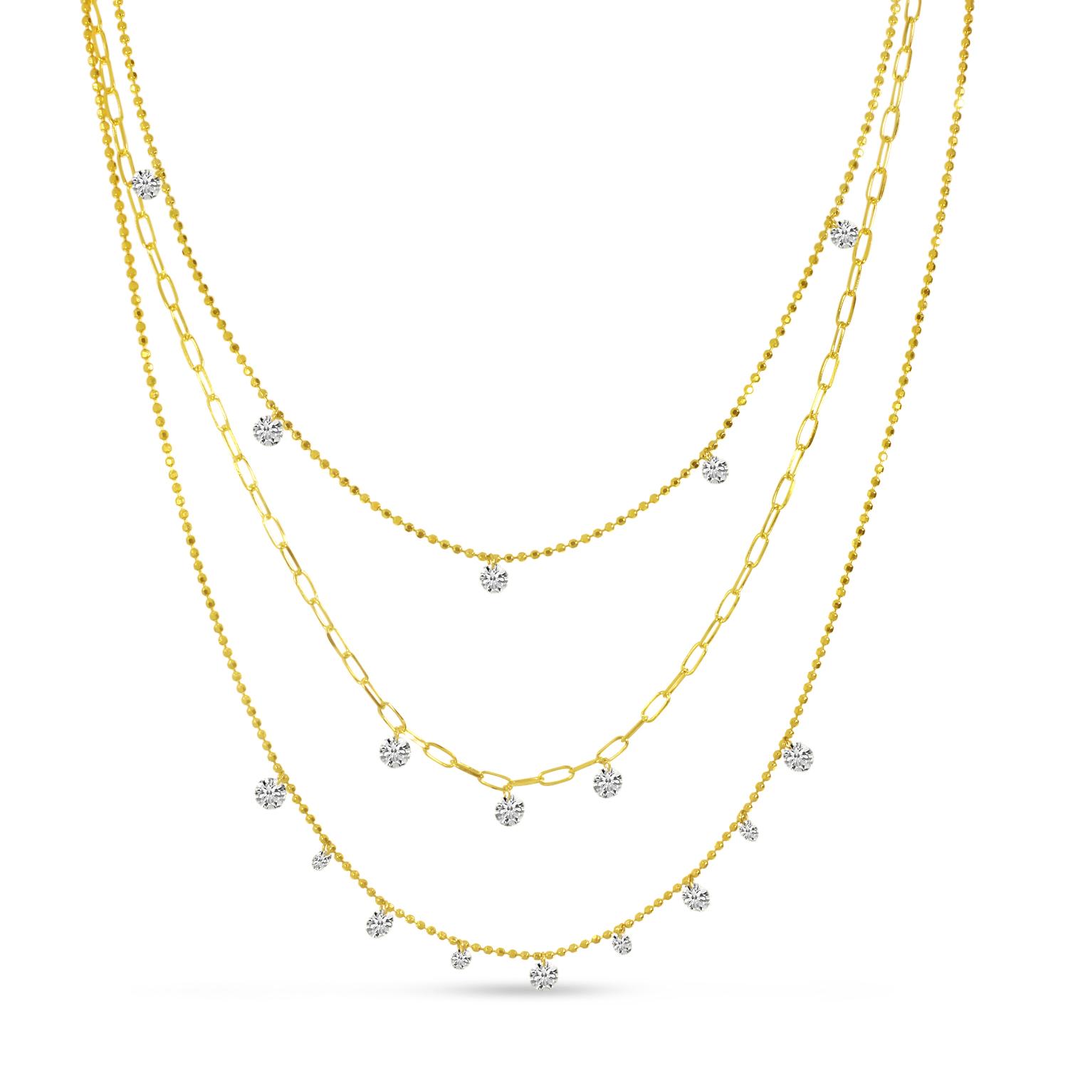 14K Yellow Gold Triple Chain Convertible Dashing Diamonds Necklace