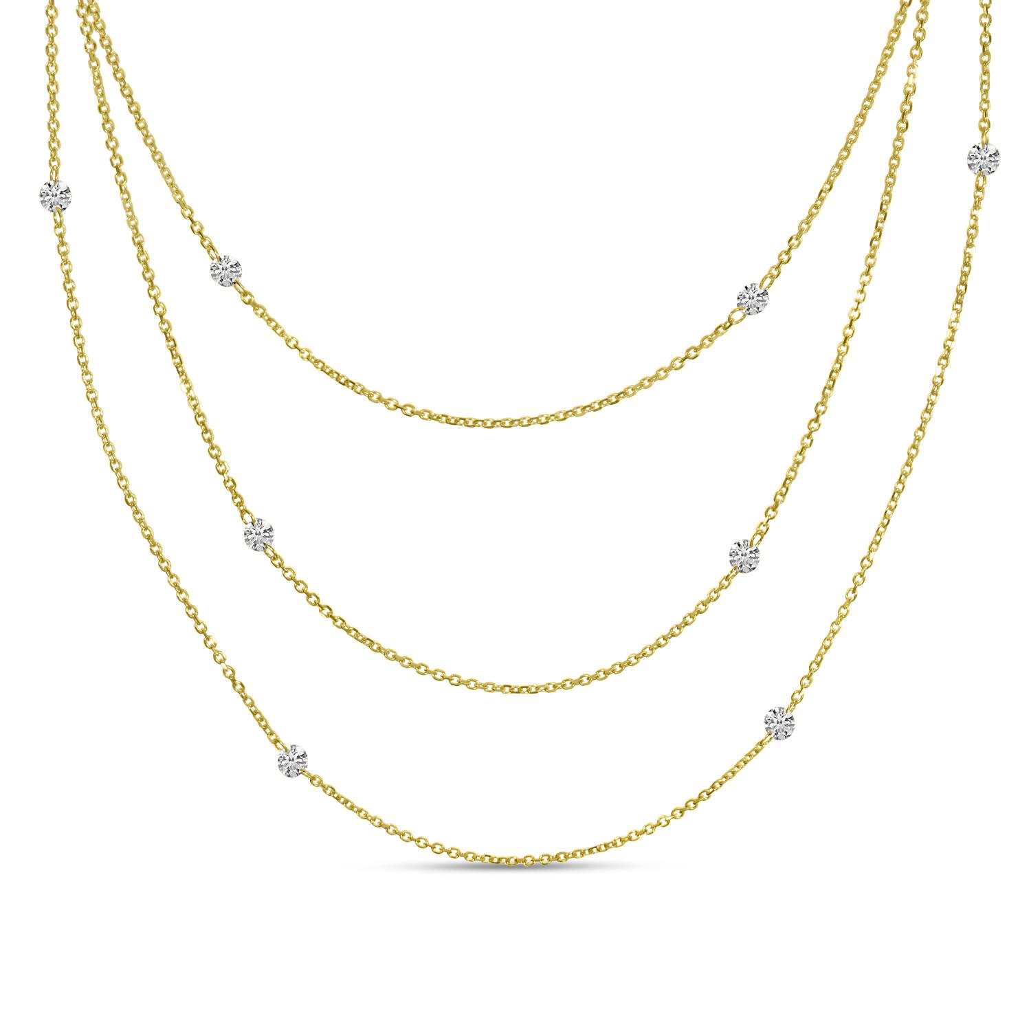 14K Yellow Gold Dashing Diamond Double Pierced Triple Chain Necklace