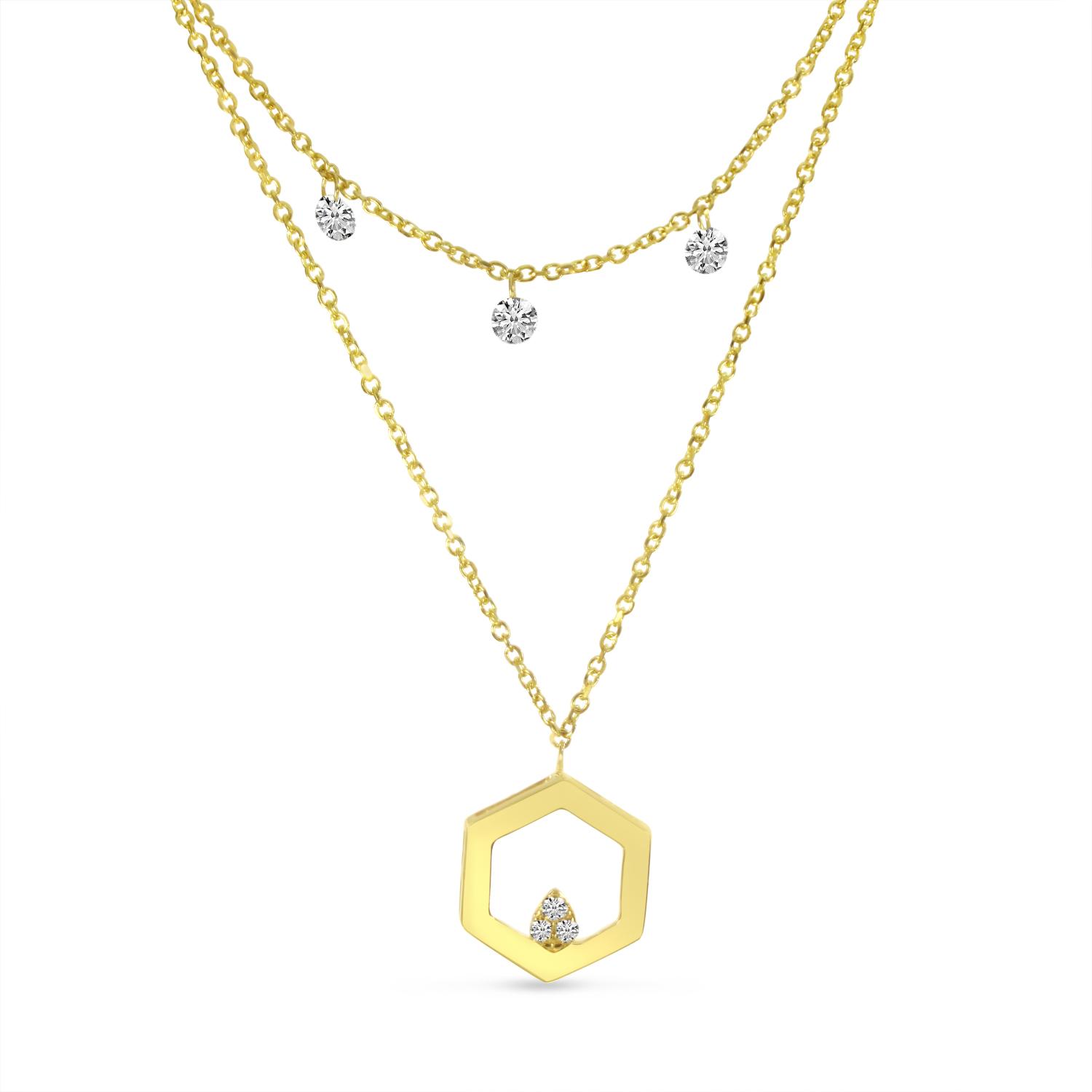 14K Yellow Gold Dashing Diamond Hex Double Layer Necklace