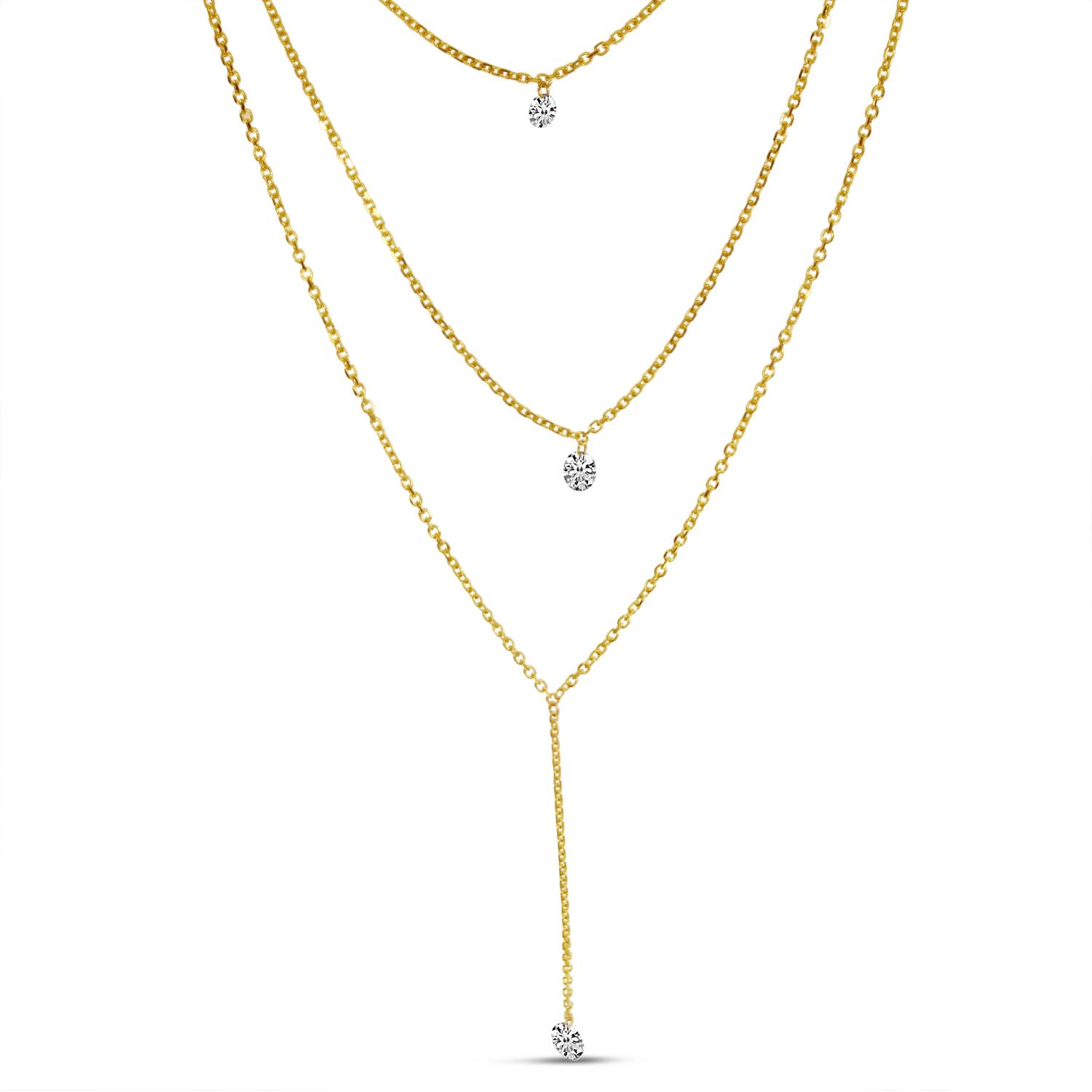 14K Yellow Gold Dashing Diamond Triple Chain Lariat Necklace