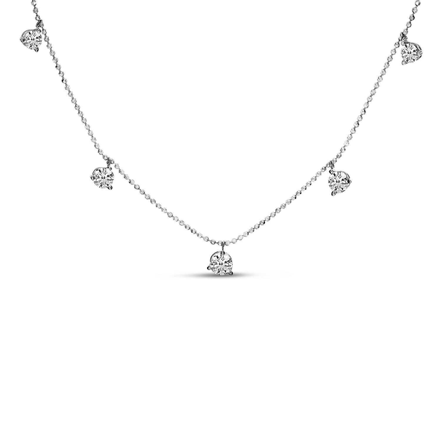 14K White Gold 5 Floating Diamond Dangle Station Necklace